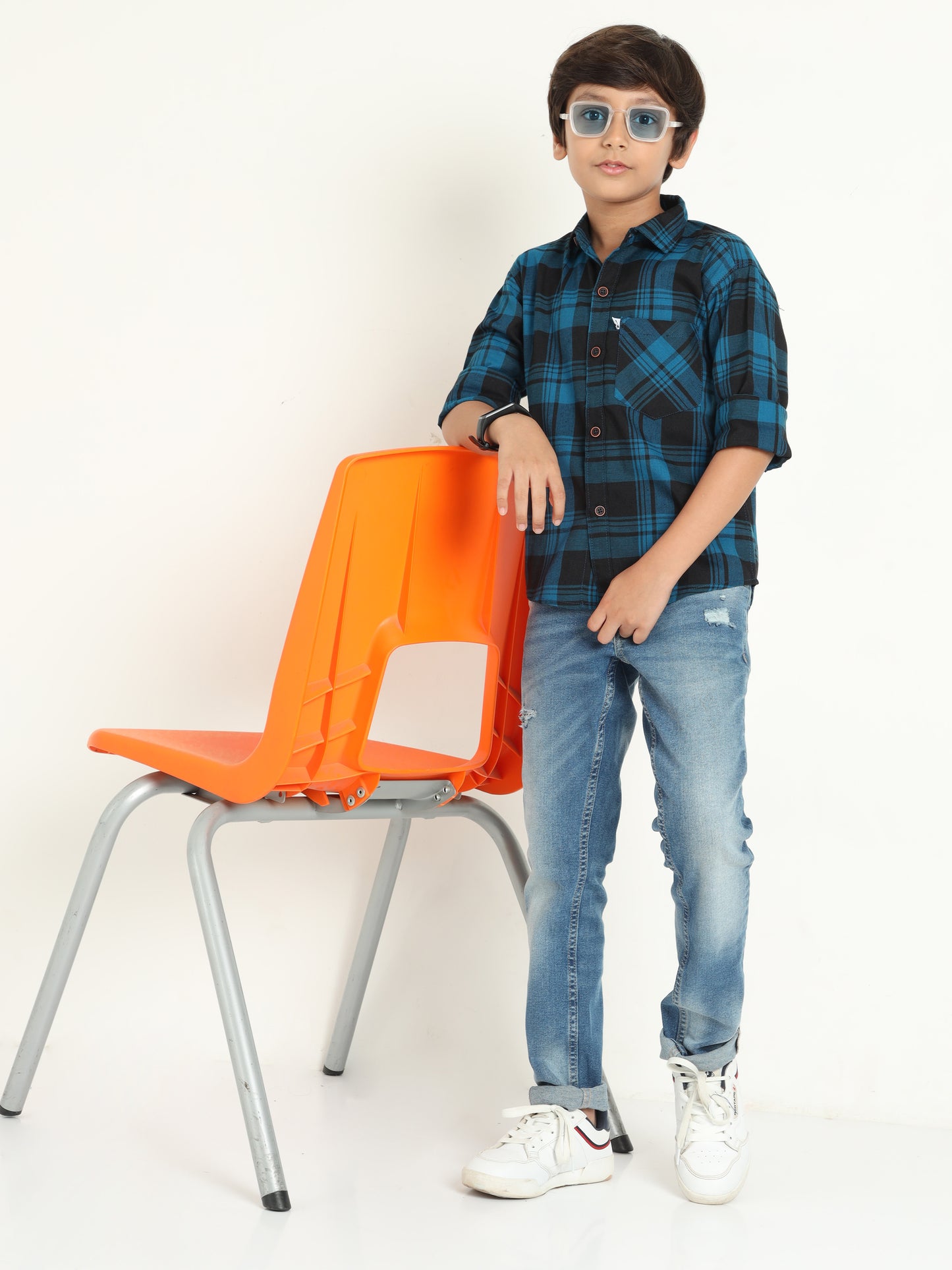 Cotton Blend Checks Wanted Boys Navy Shirt