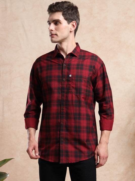 Classic red and black checked men’s shirt with front pocket, full sleeves, and button-down style