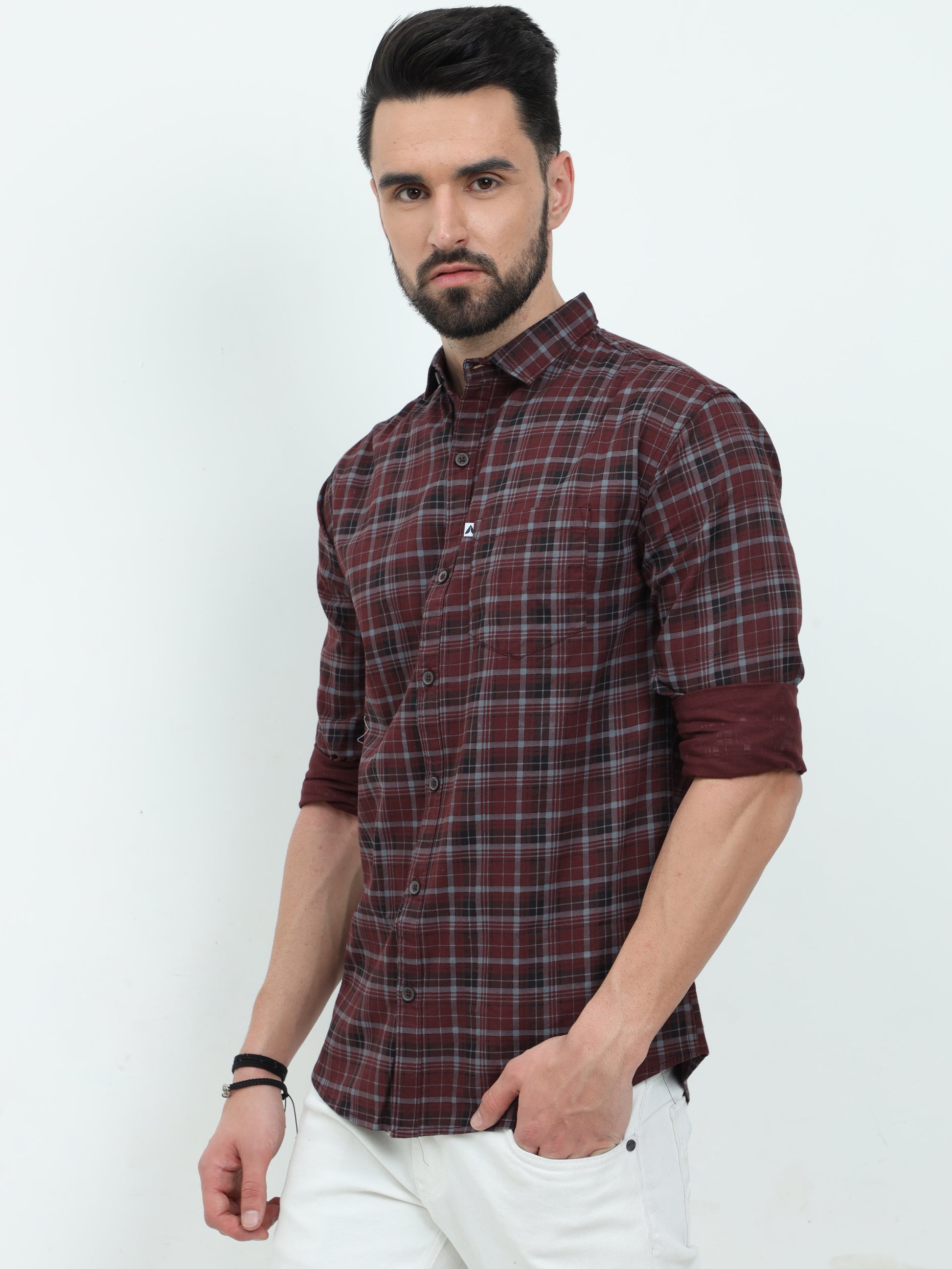 Full Sleeve Tartan Maroon Check Shirt for Men
