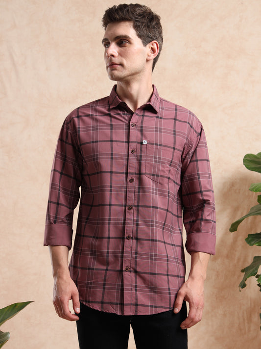 Maroon and black checkered men’s casual shirt with full sleeves, styled with a classic collar