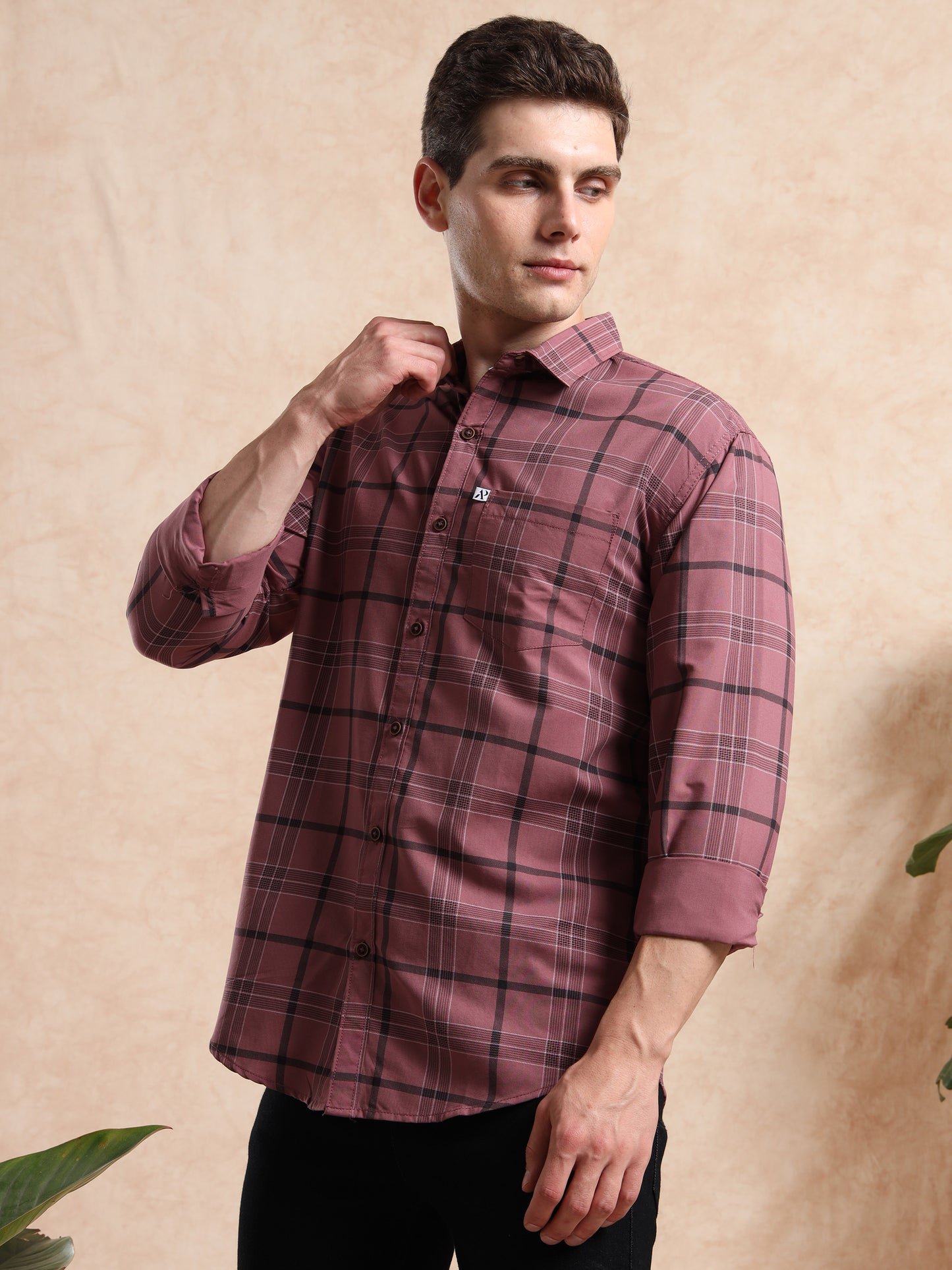 Stylish maroon checkered cotton shirt for men, button-down front with pocket detail.