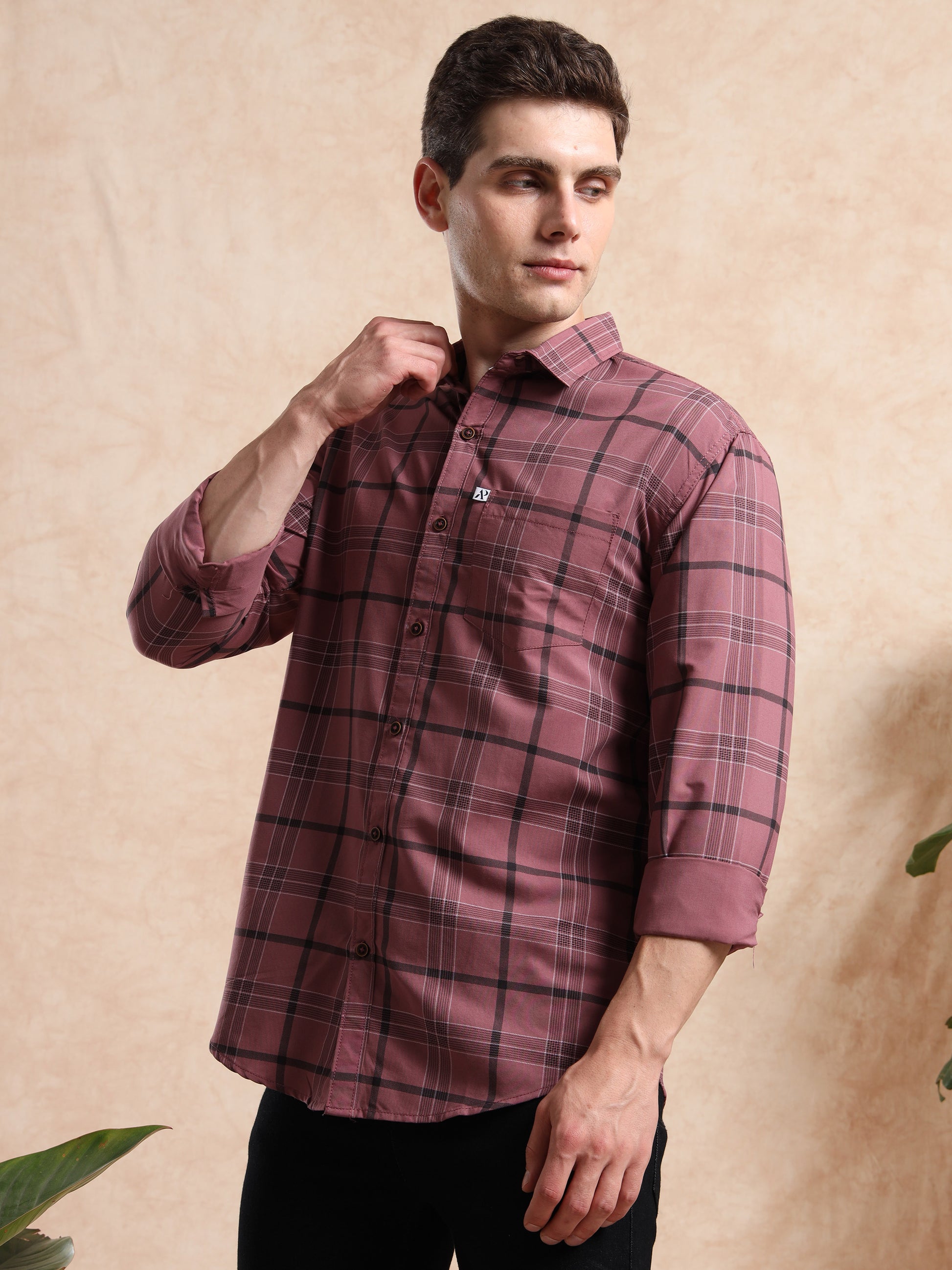 Stylish maroon checkered cotton shirt for men, button-down front with pocket detail.