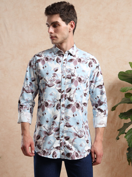 Men’s Light Blue Floral Printed Shirt