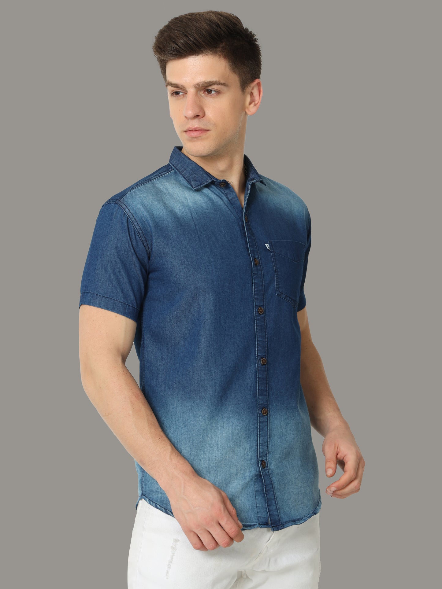 Single Pocket Mens Shaded Denim Cut Away Collor for Men