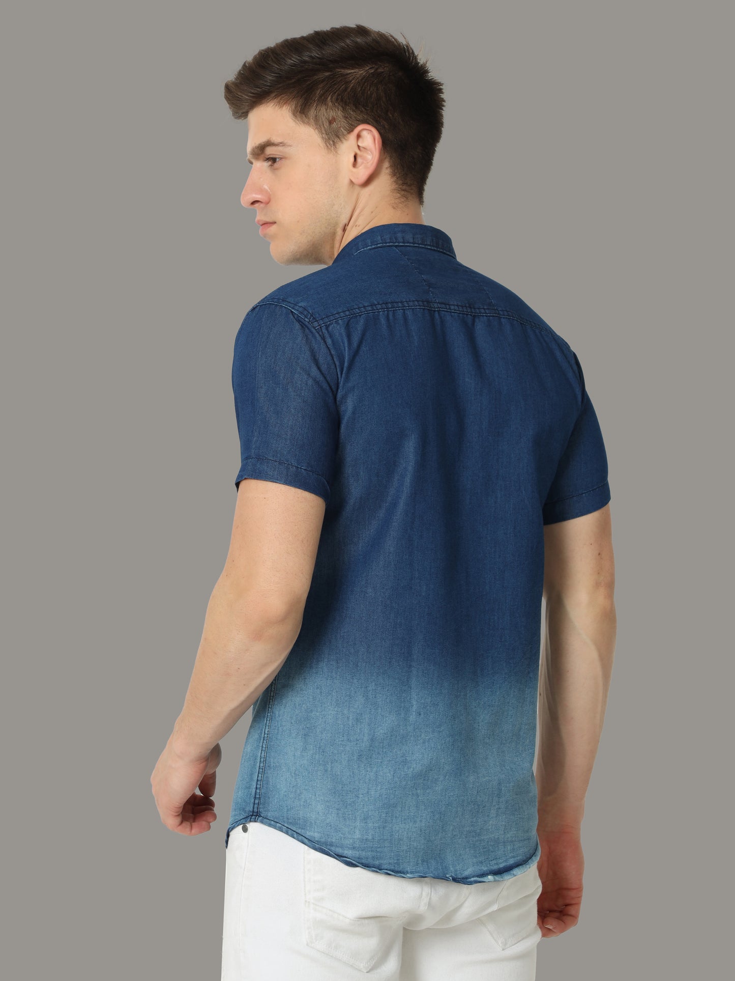 Single Pocket Mens Shaded Denim Cut Away Collor for Men