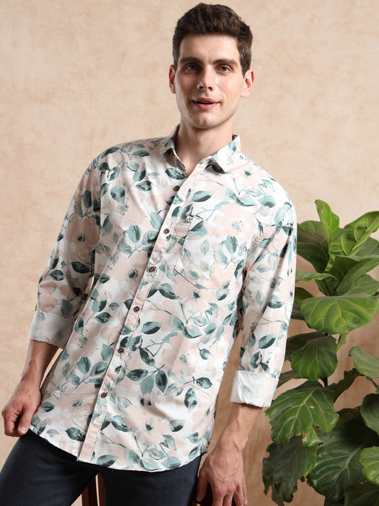 Men’s Beige Floral Print Shirt