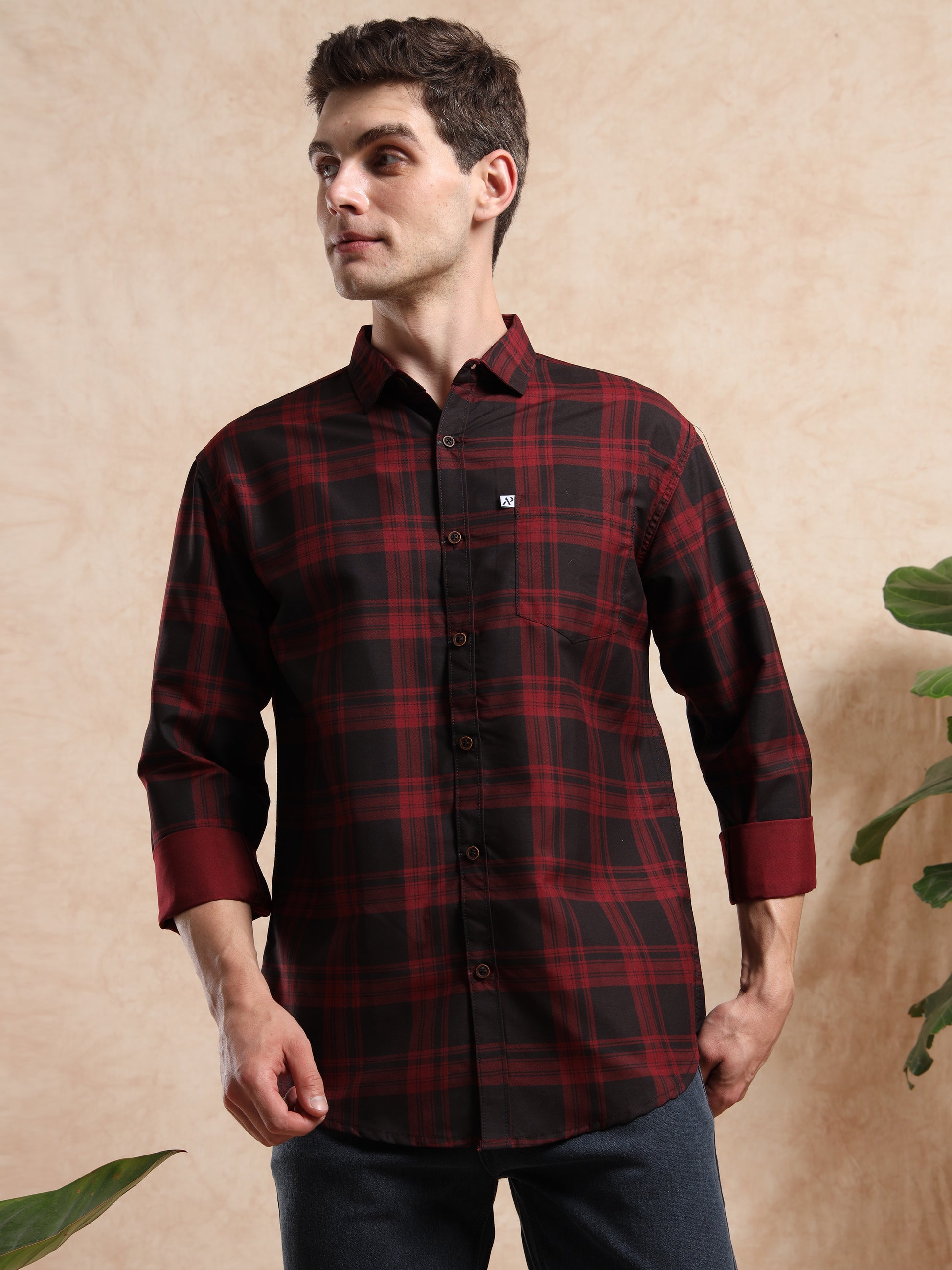 Stylish men’s red black checked casual shirt