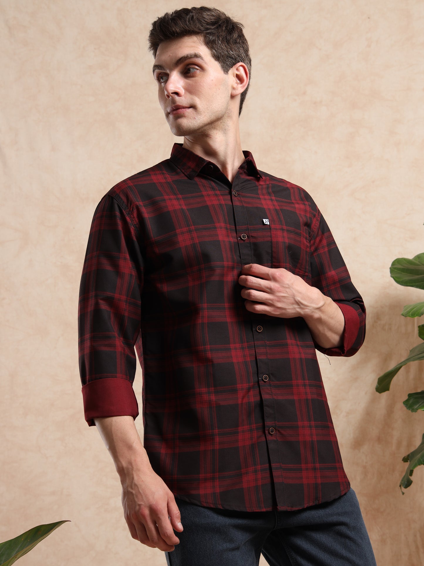 Full sleeves red and black checkered shirt for men
