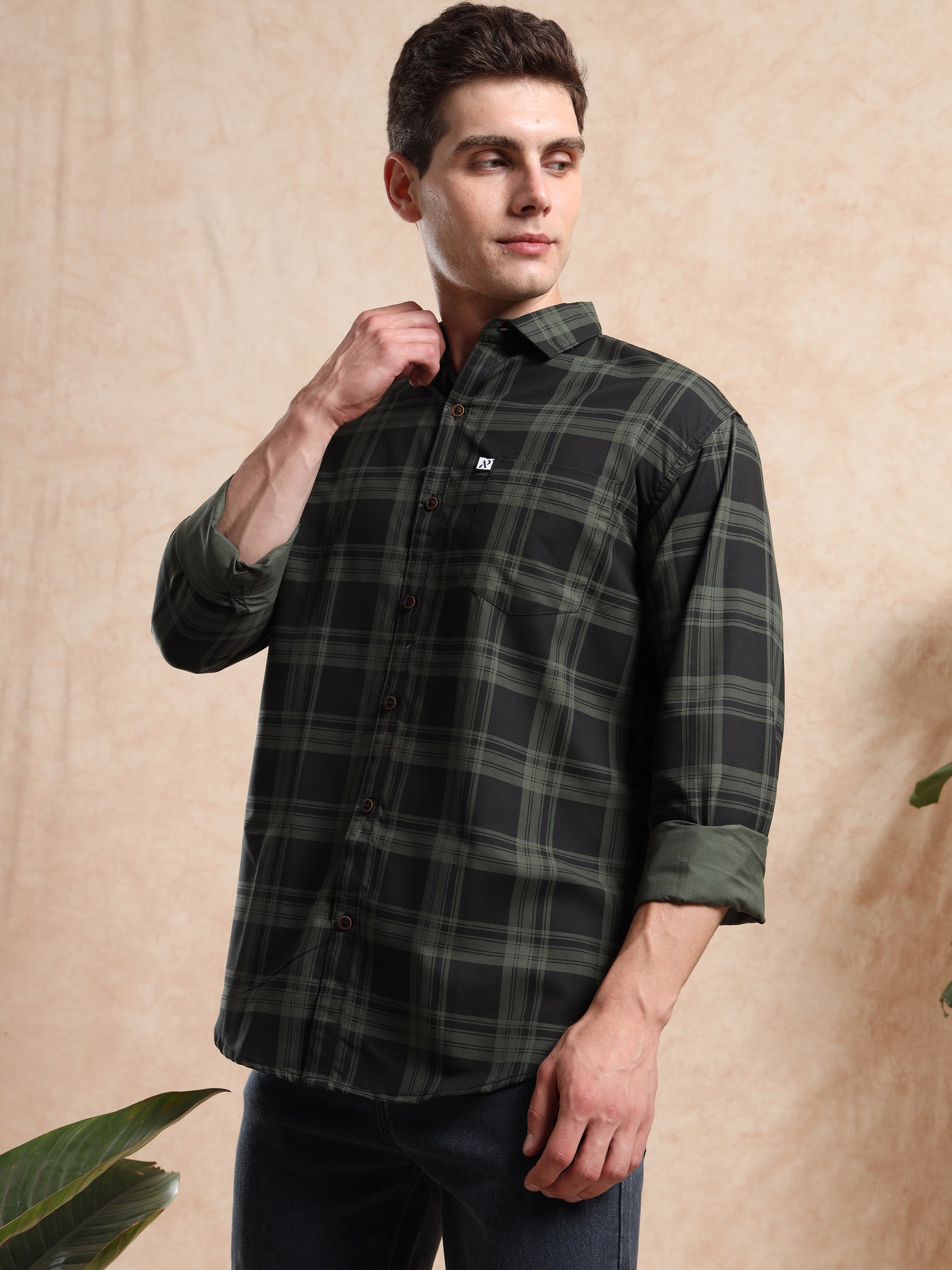 Classic black and green plaid shirt for men with long sleeves
