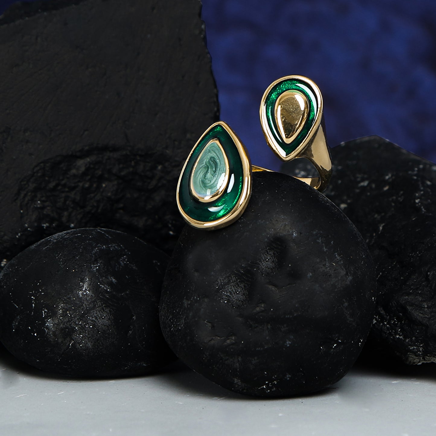 Elegant gold-plated teardrop adjustable ring with dual green enamel design
