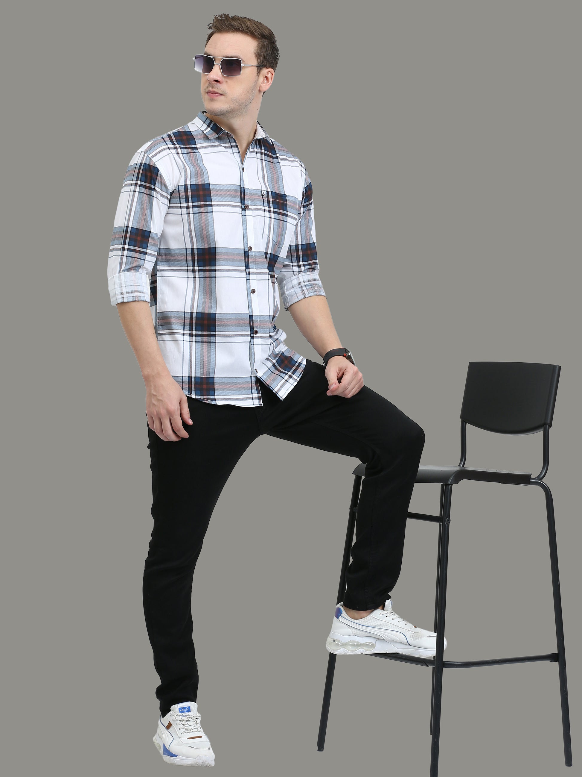 White Cotton Broad Checks Shirts Men