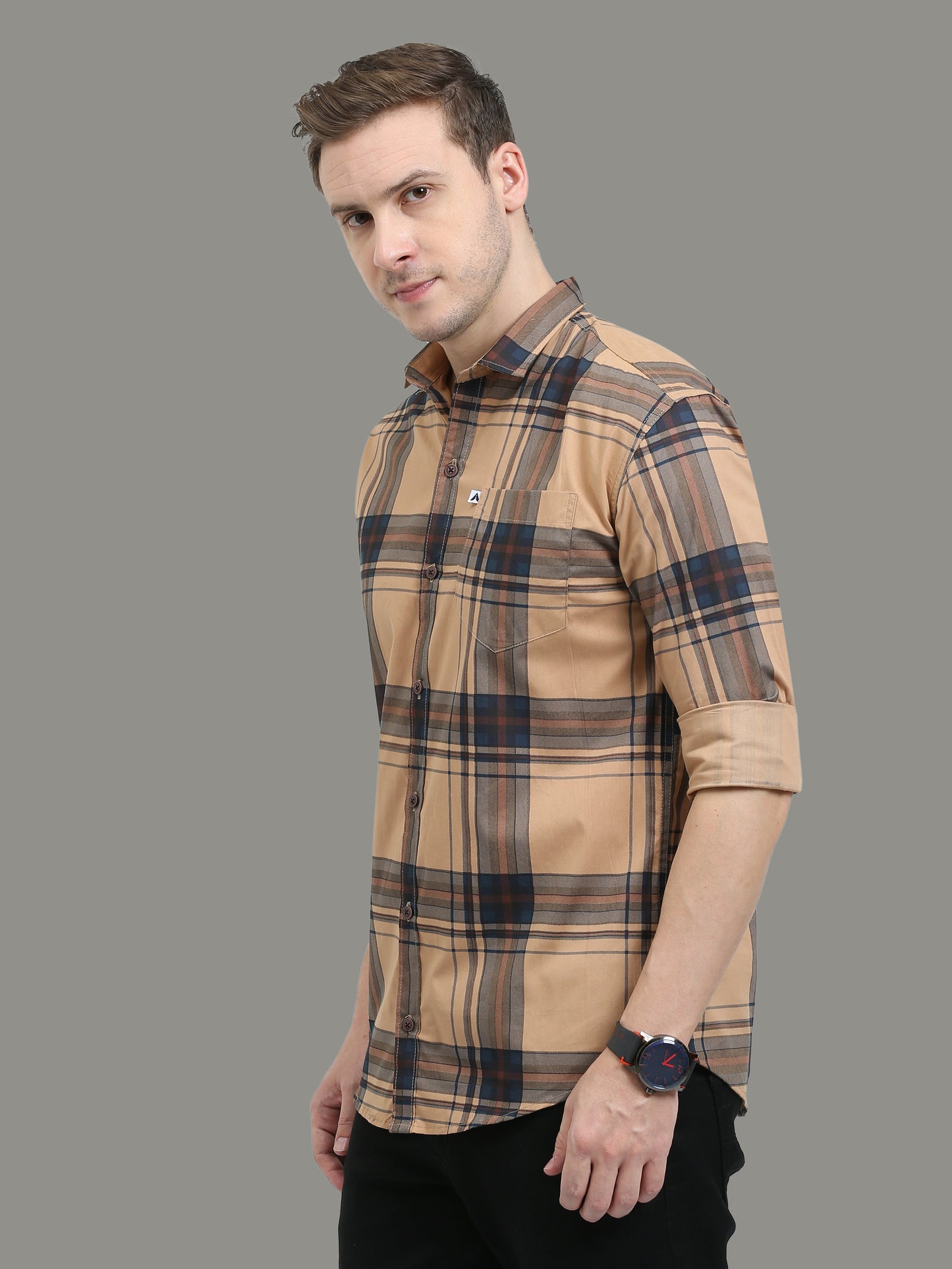 Broadchecks Cotton Orange Check Shirt Men