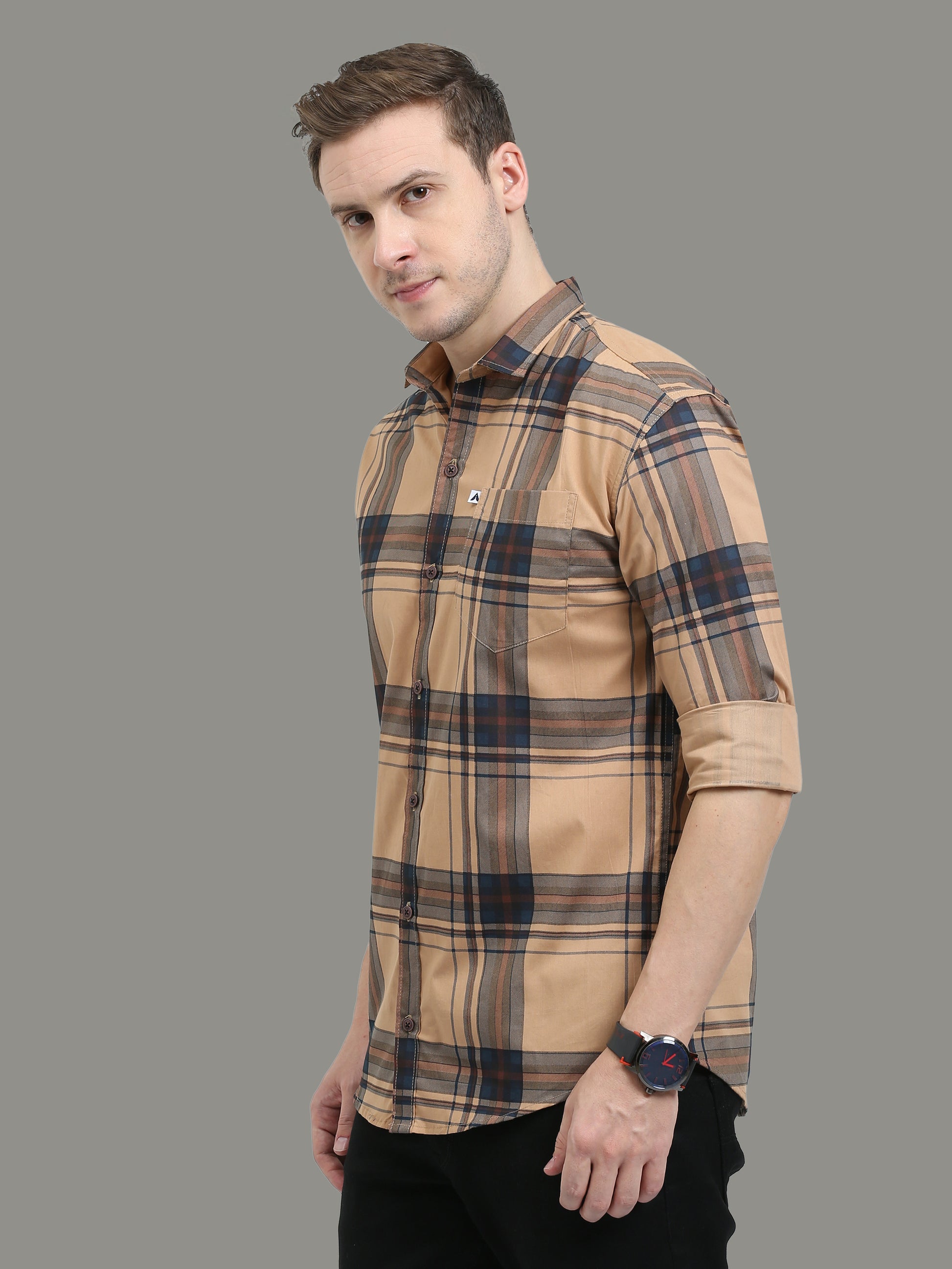 Broadchecks Cotton Orange Check Shirt Men
