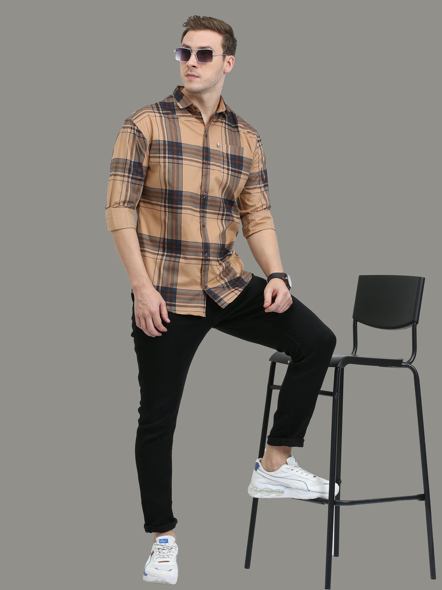 Broadchecks Cotton Orange Check Shirt Men