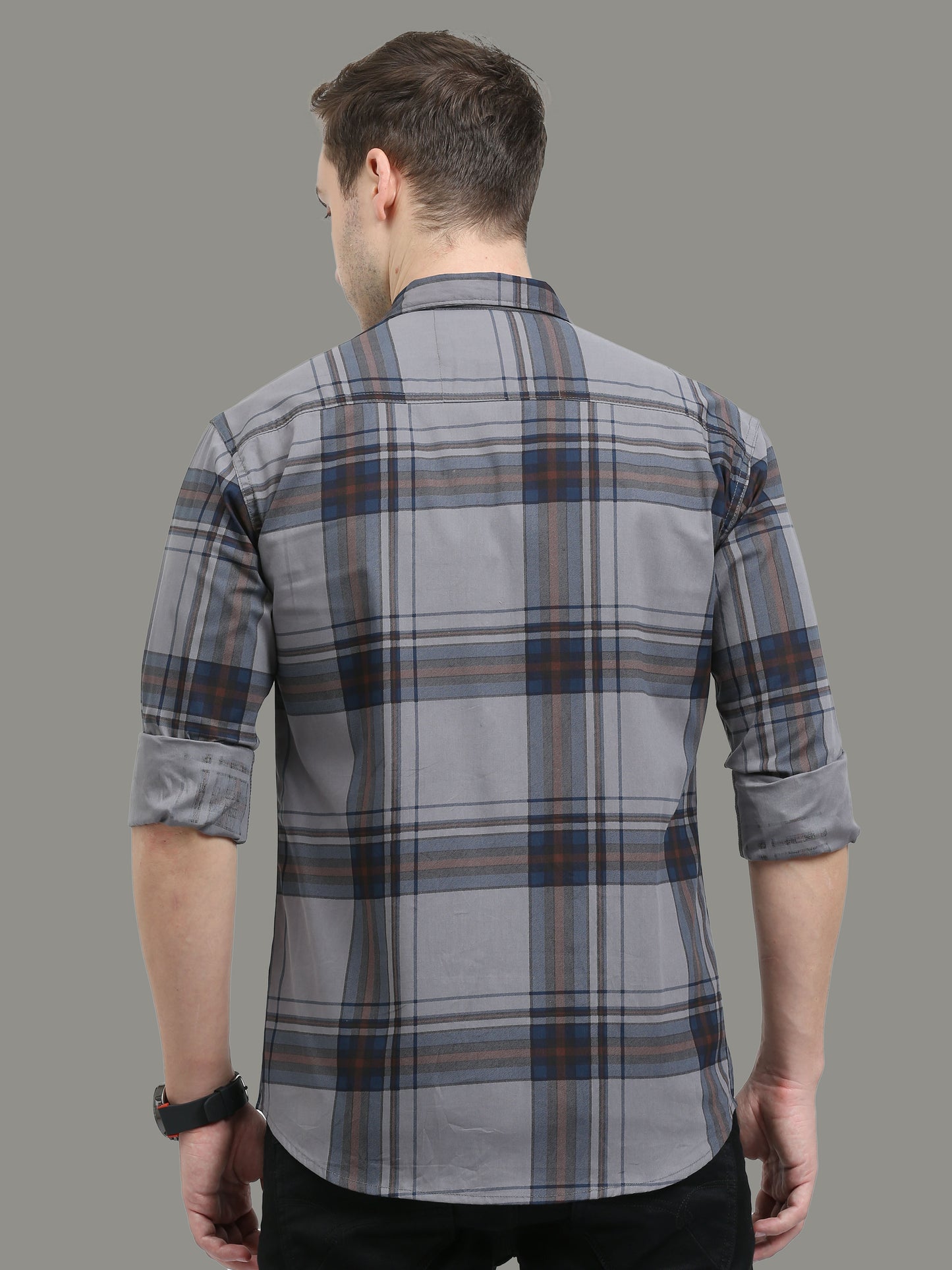 Broadchecks Grey Cotton Plaid Shirt Men