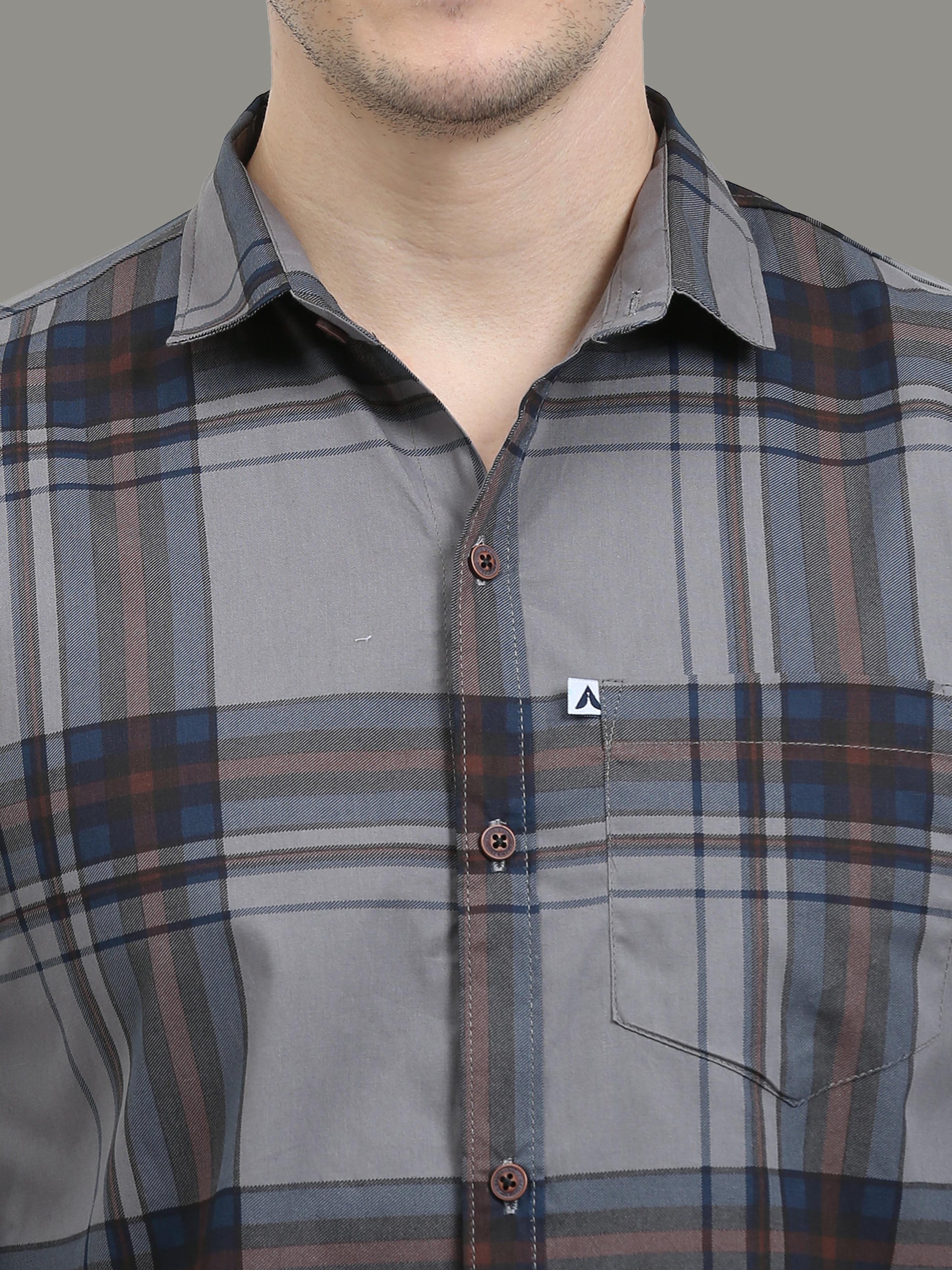 Broadchecks Grey Cotton Plaid Shirt Men