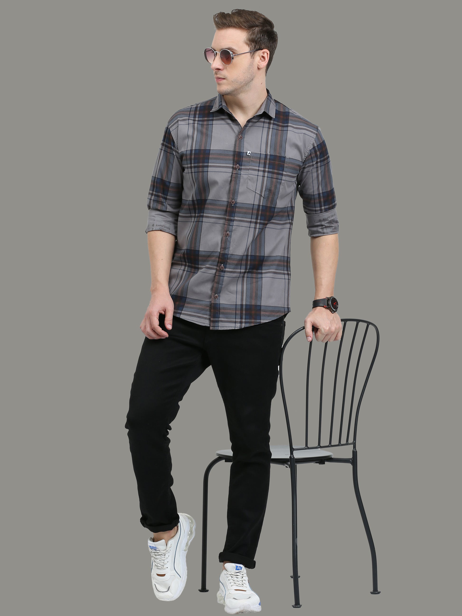 Broadchecks Grey Cotton Plaid Shirt Men