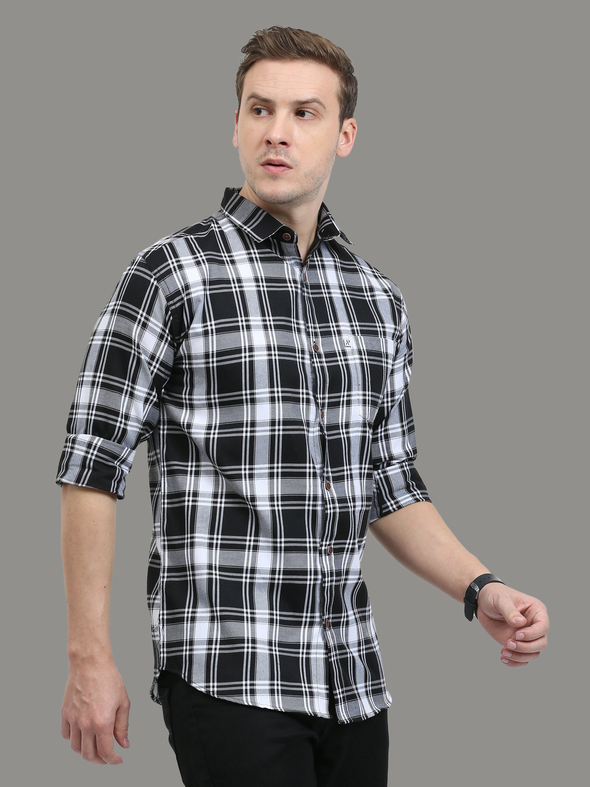 Cotton Blend Tiger White Check Shirt For Men