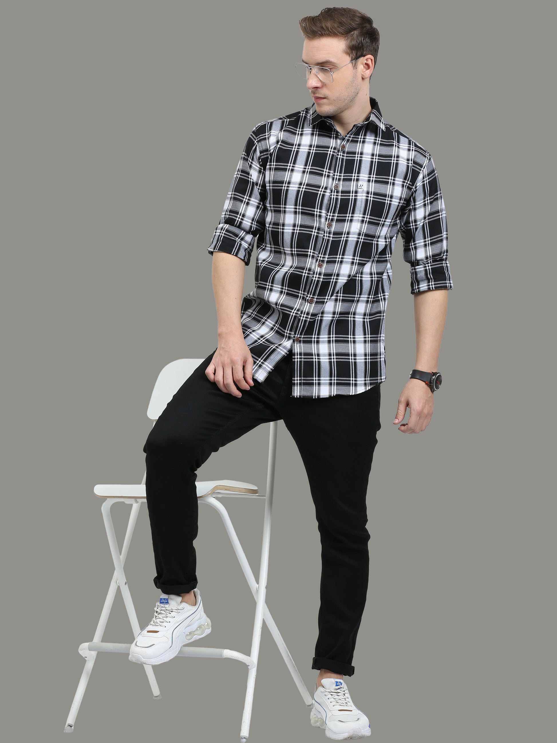 Cotton Blend Tiger White Check Shirt For Men