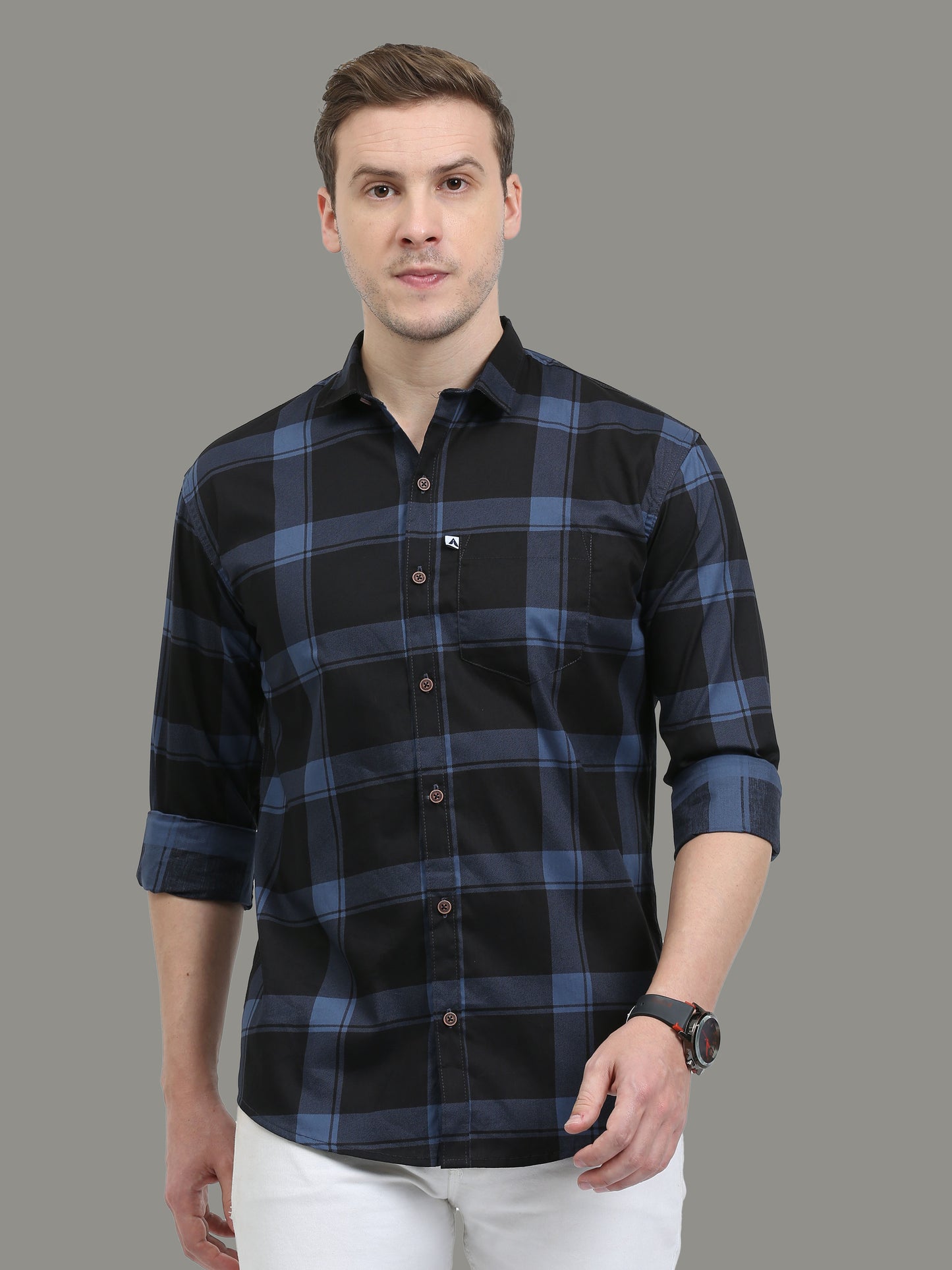 Plaid Blue Check Shirt Cotton Regular Fit for Men