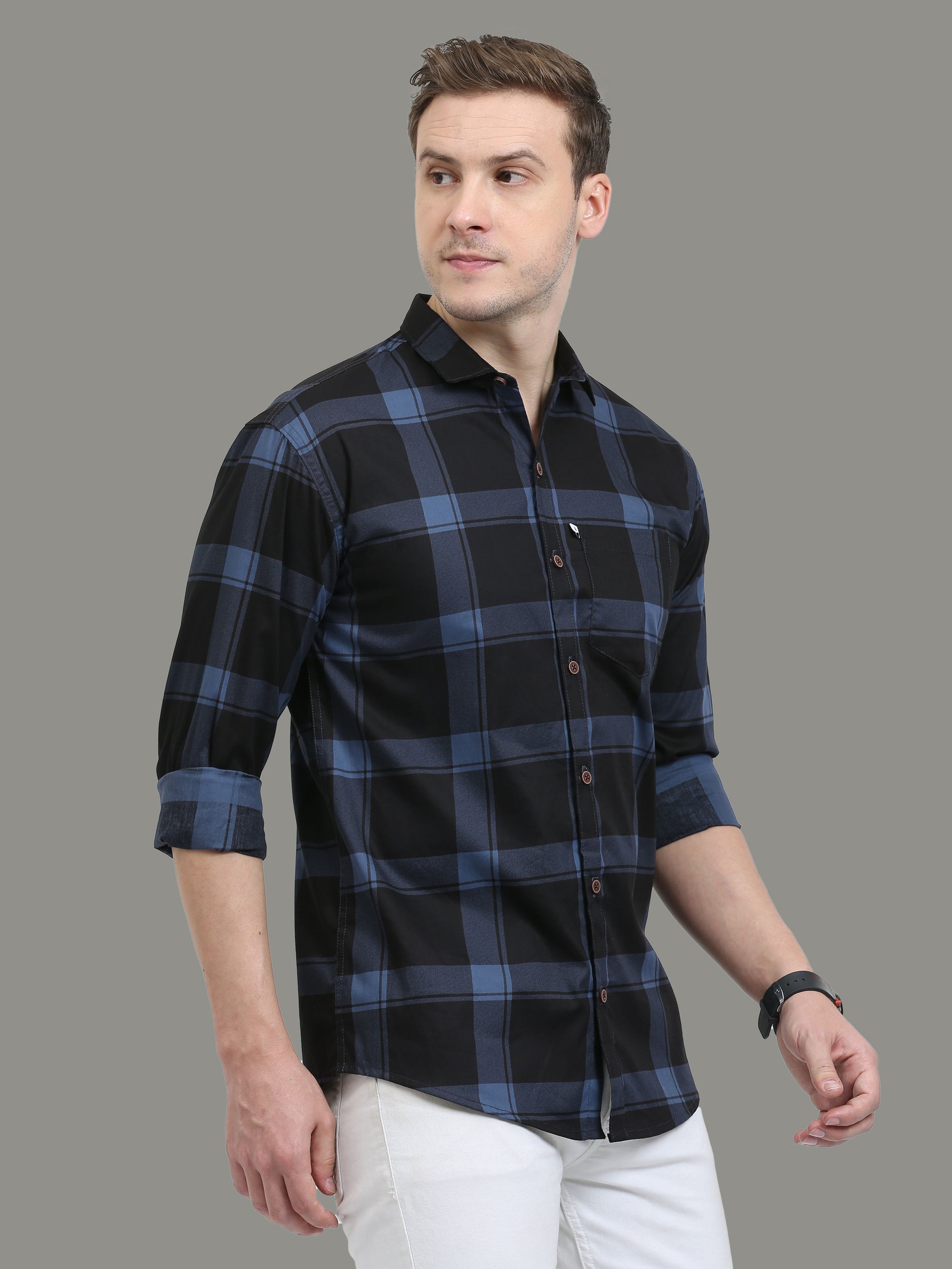 Cotton Regular Fit Plaid Blue Check Shirt  for Men