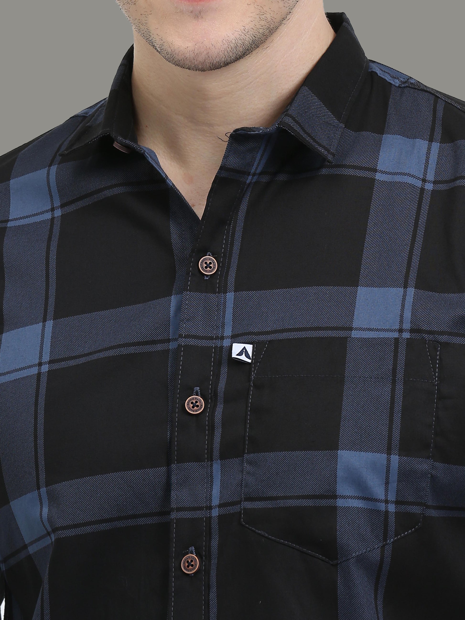 Cotton Regular Fit Plaid Blue Check Shirt  for Men