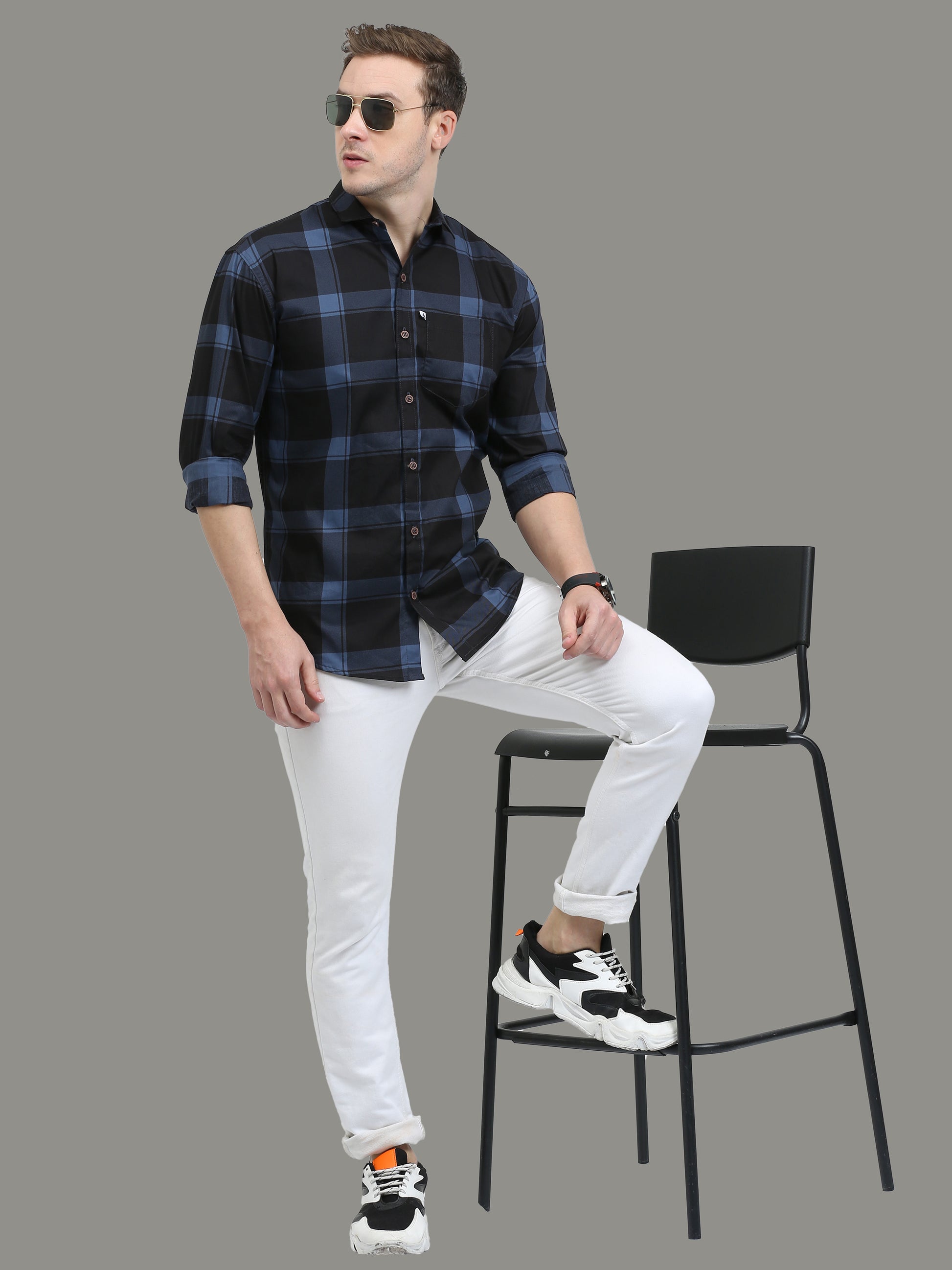 Cotton Regular Fit Plaid Blue Check Shirt  for Men