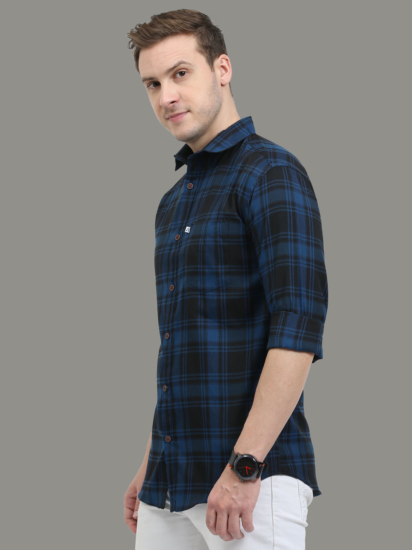 Tiger Navy Cotton Plaid Shirts For Men