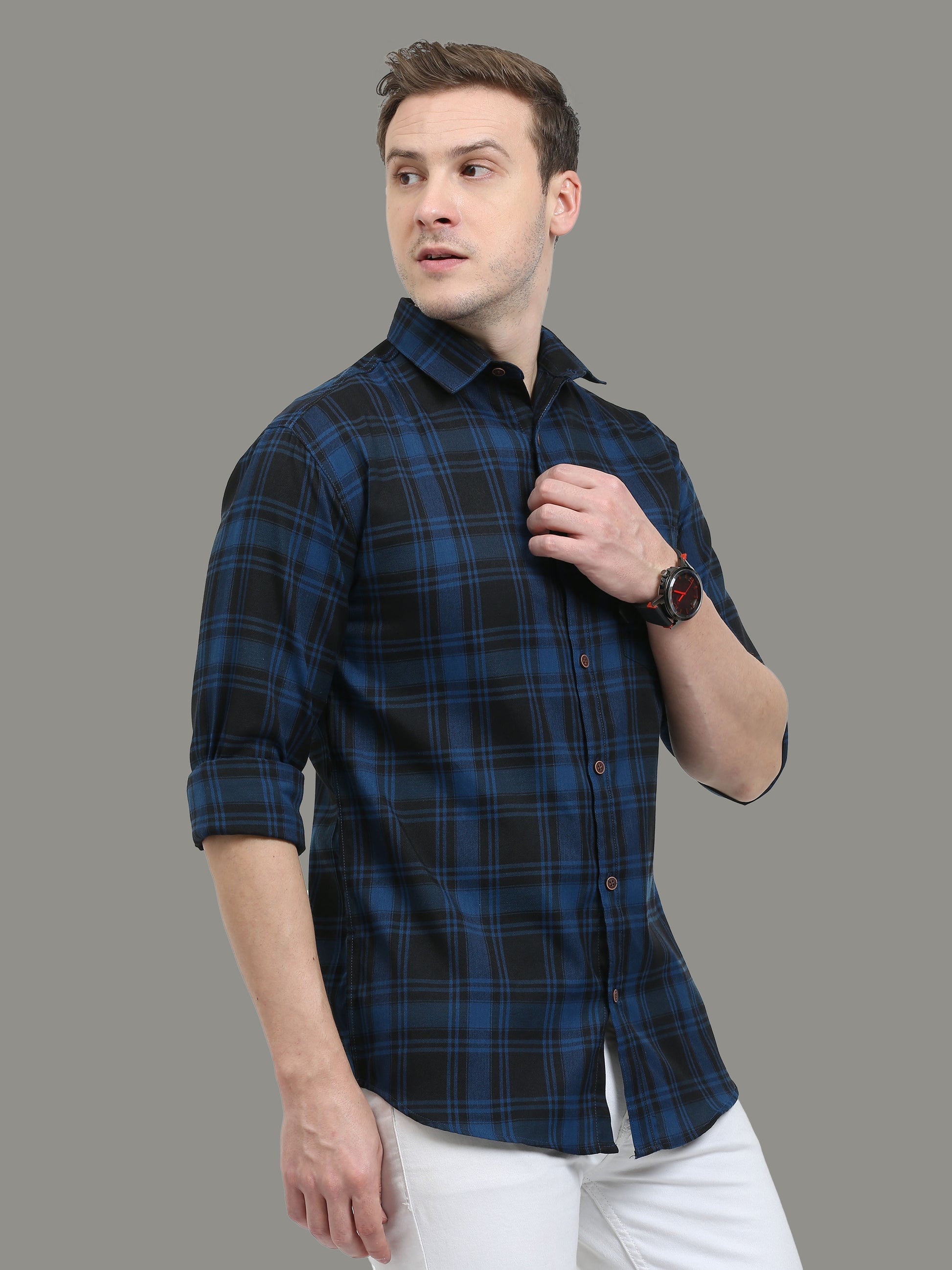 Tiger Navy Cotton Plaid Shirts For Men