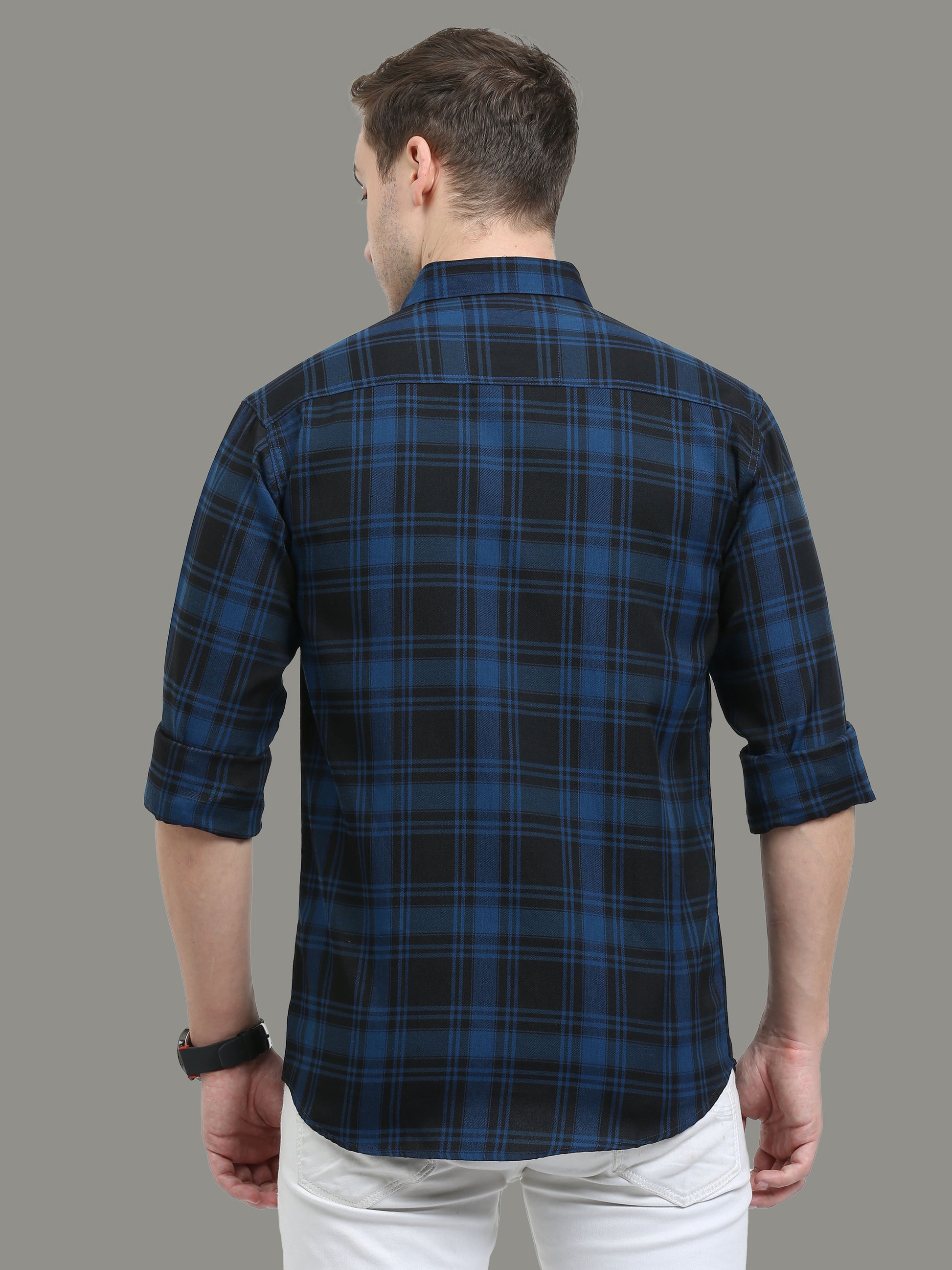 Tiger Navy Cotton Plaid Shirts For Men