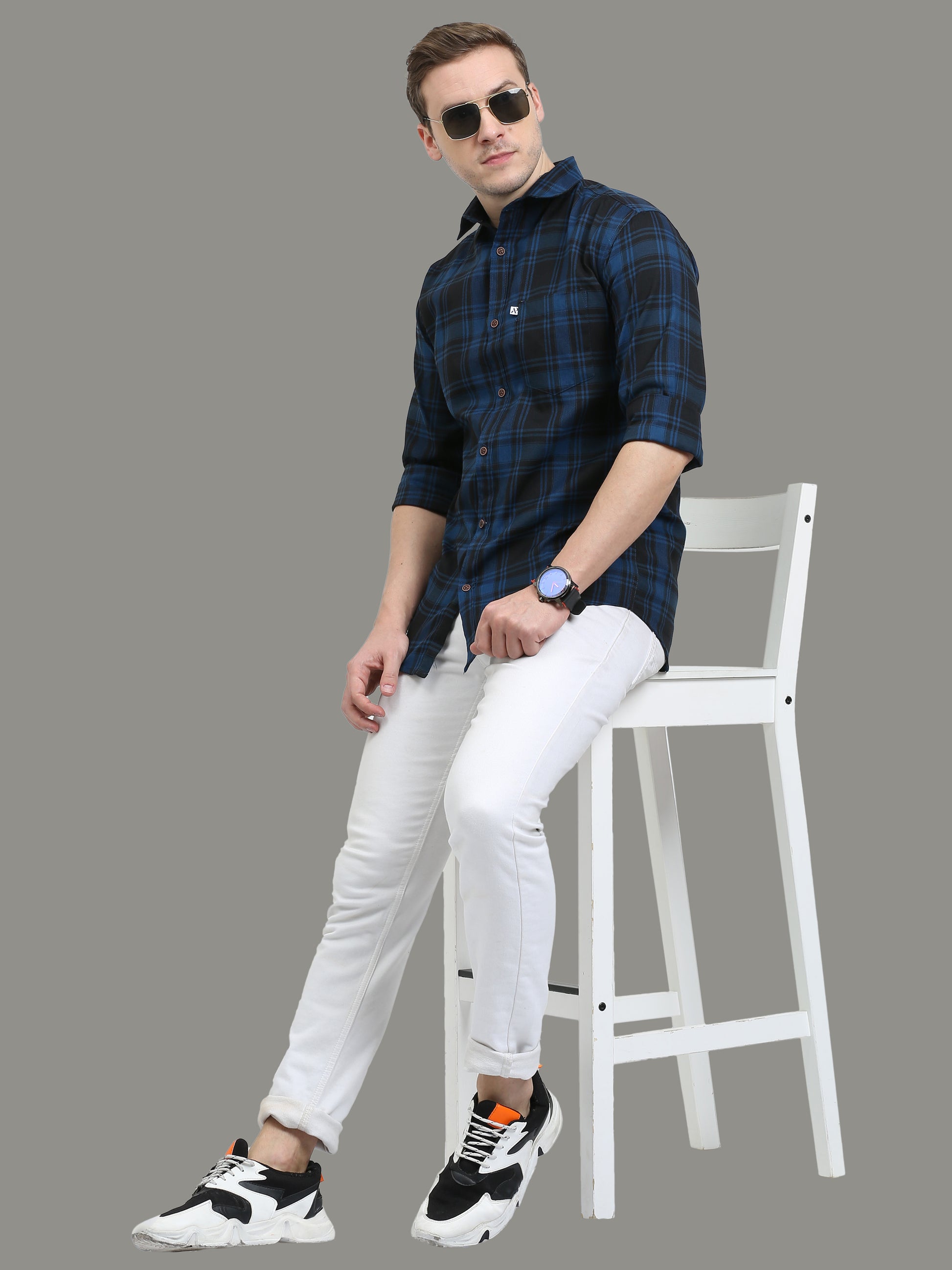 Tiger Navy Cotton Plaid Shirts For Men