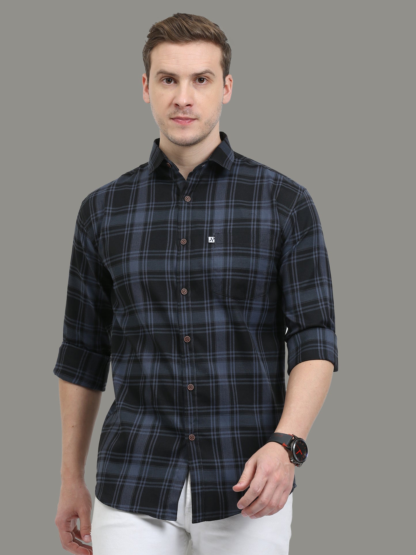 Cotton Blend Tiger Grey Plaid Shirt For Men