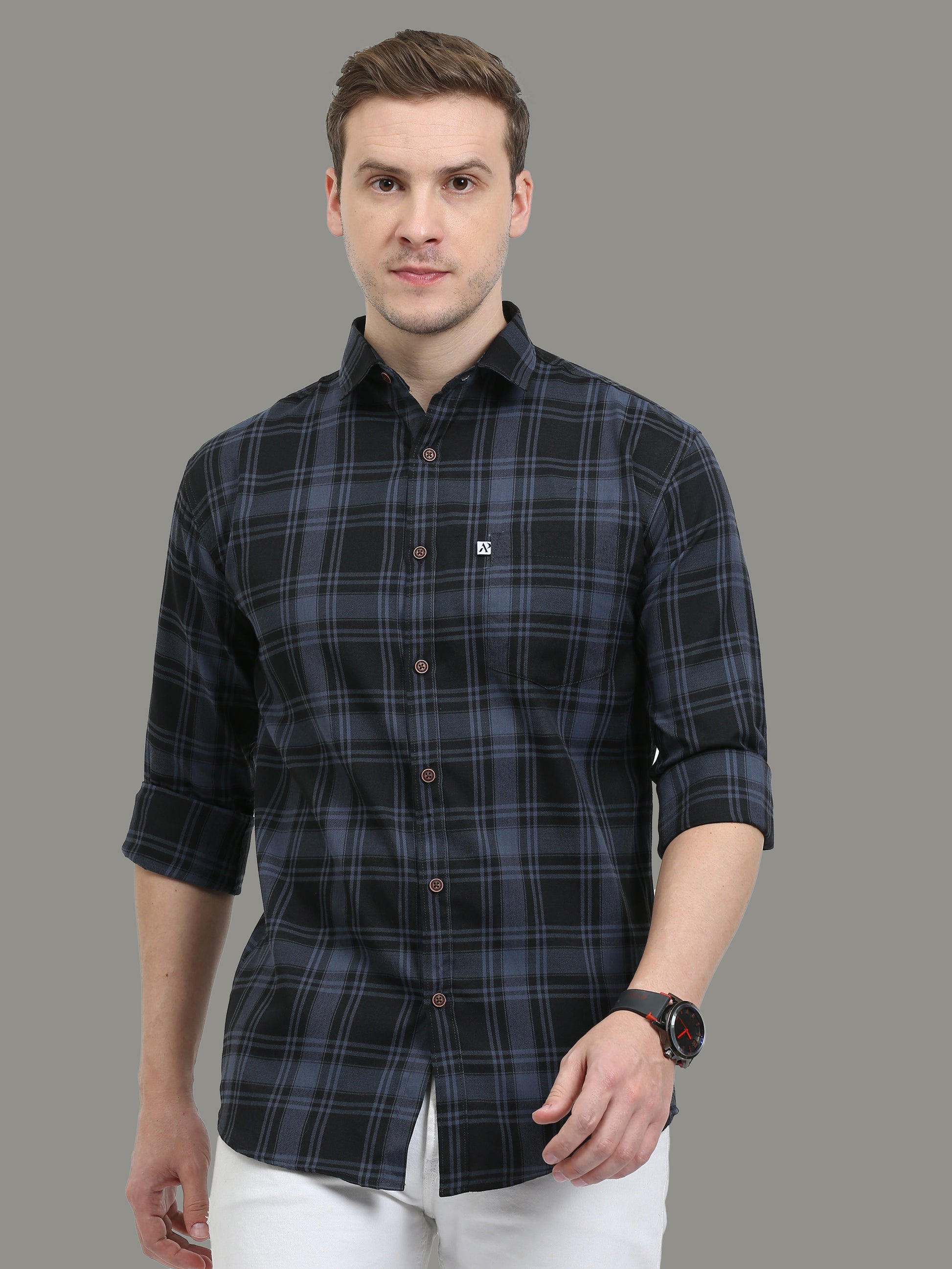 Cotton Blend Tiger Grey Plaid Shirt For Men