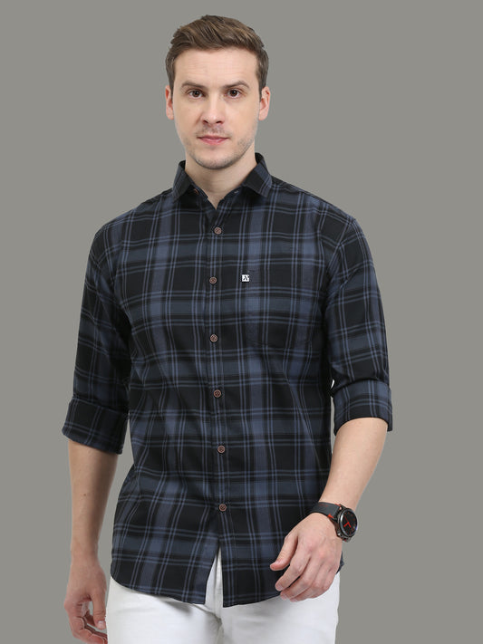 Cotton Blend Tiger Grey Plaid Shirt For Men