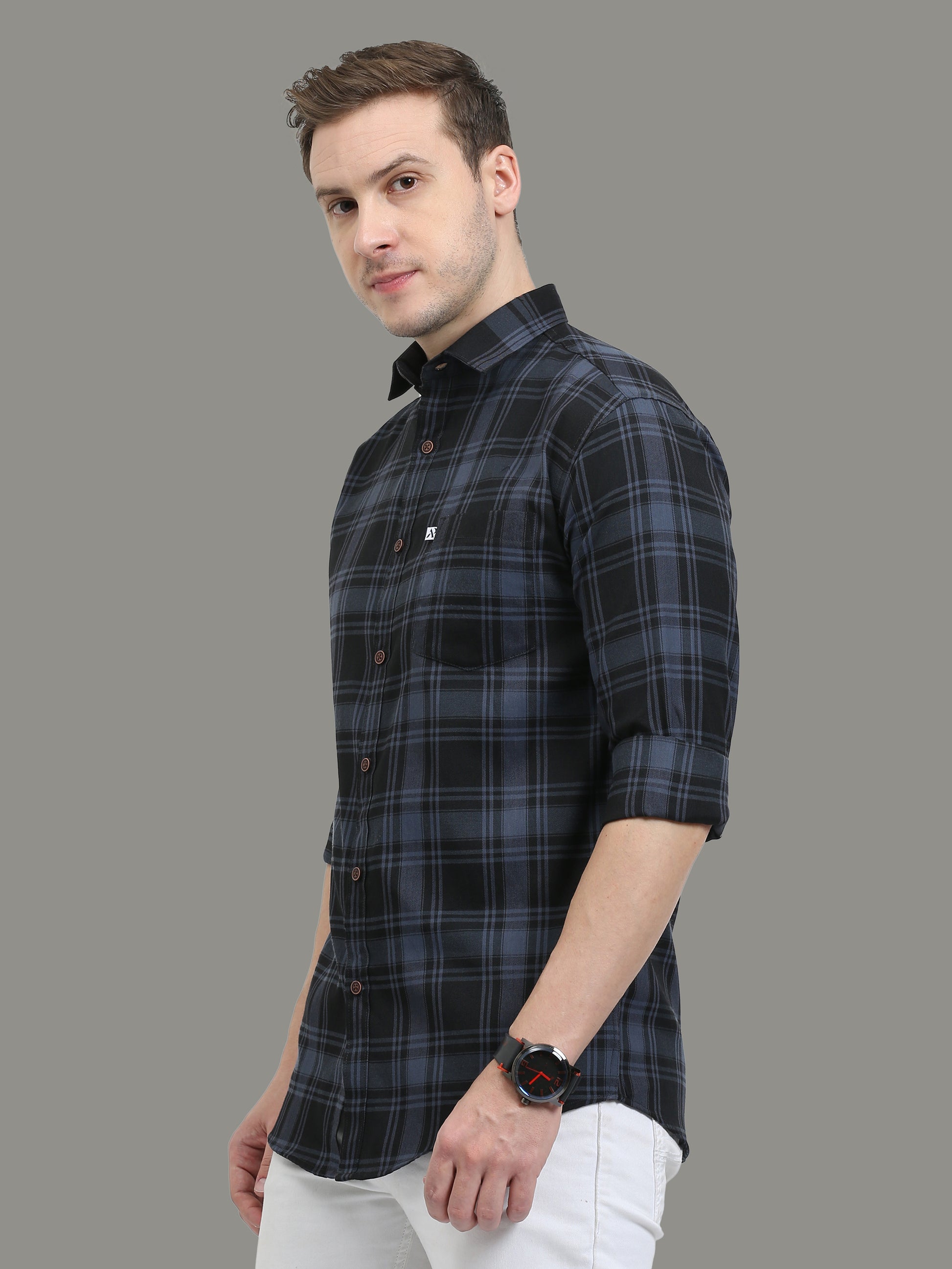 Cotton Blend Tiger Grey Plaid Shirt For Men