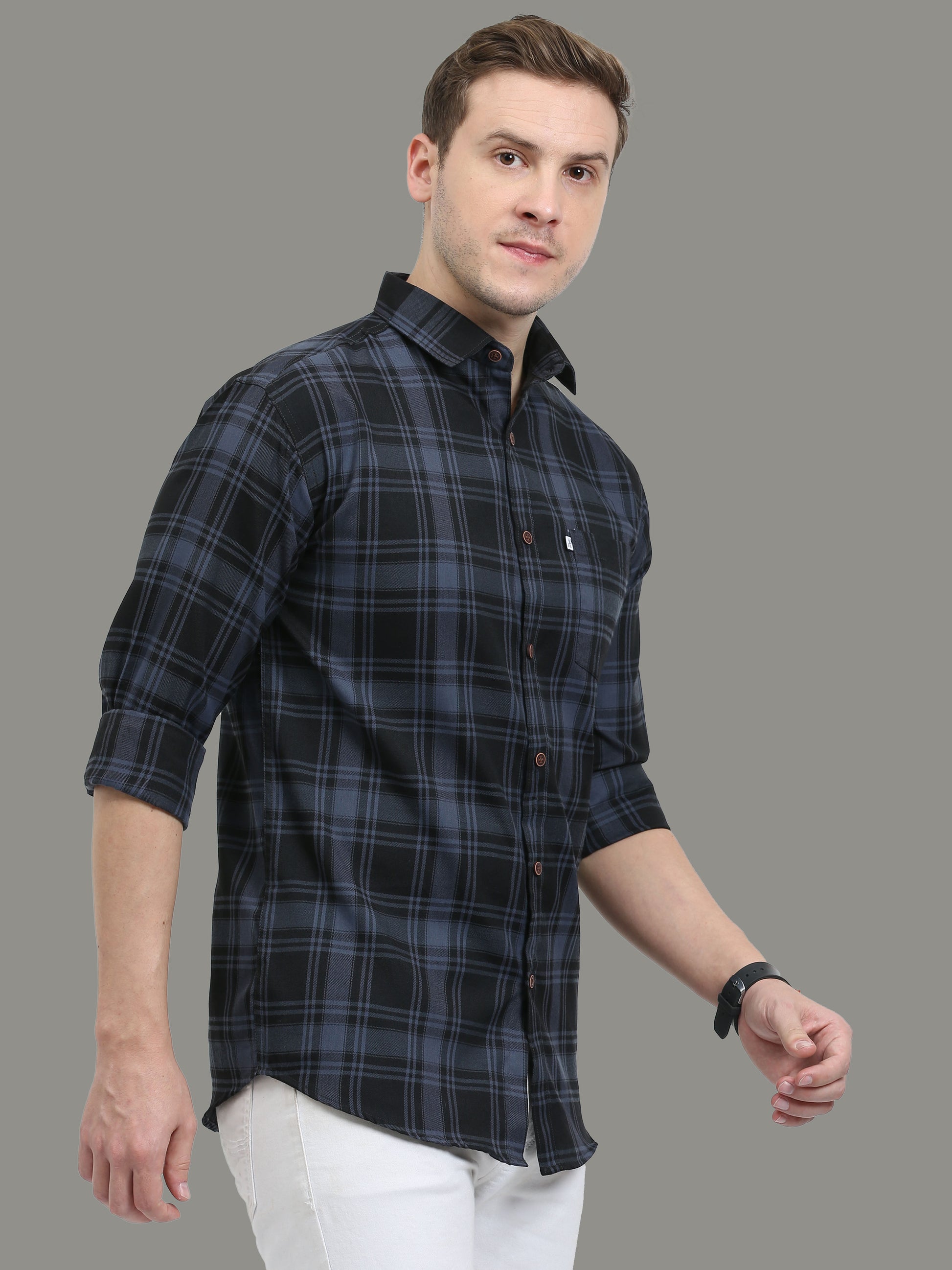 Cotton Blend Tiger Grey Plaid Shirt For Men