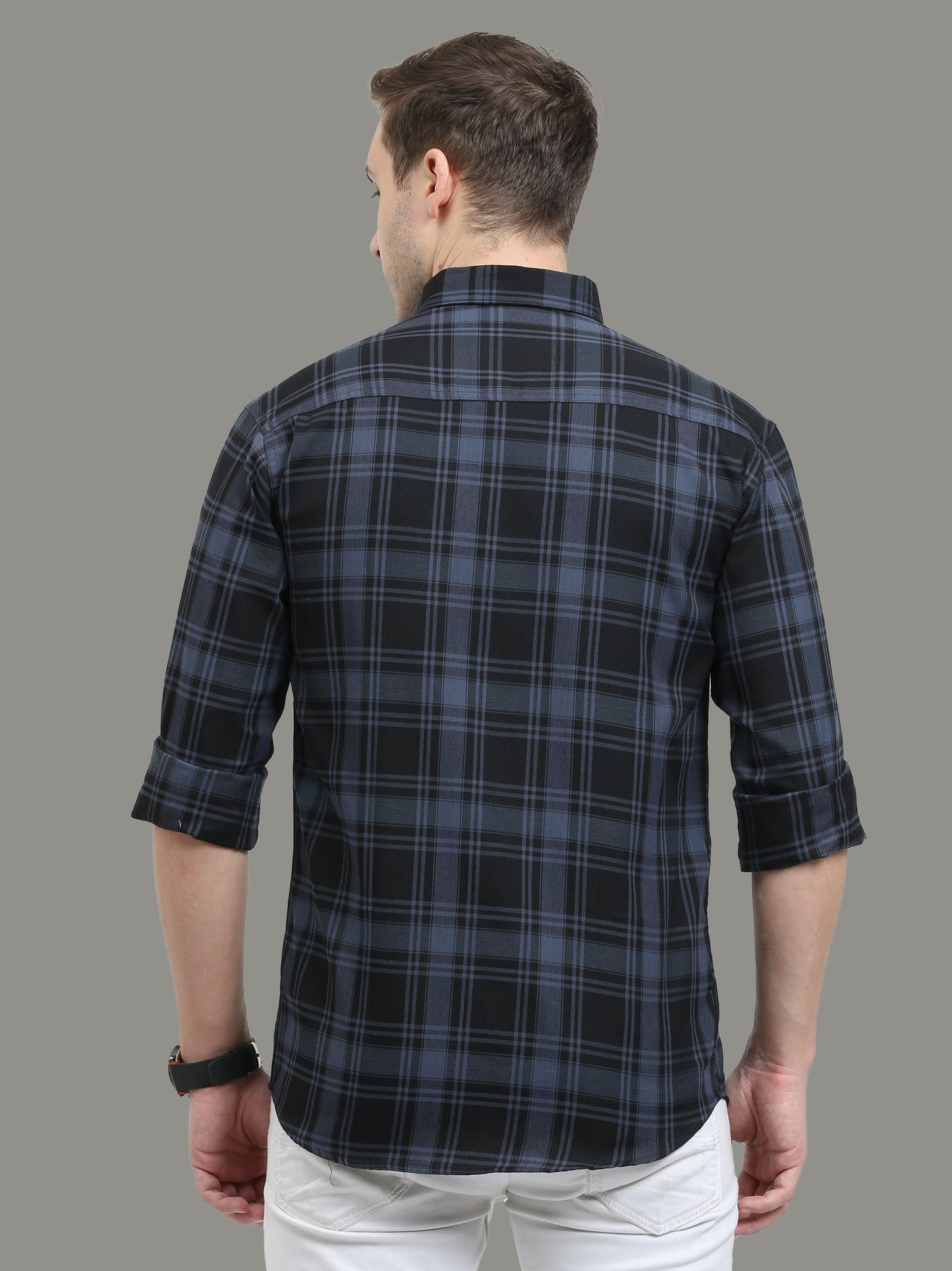 Cotton Blend Tiger Grey Plaid Shirt For Men