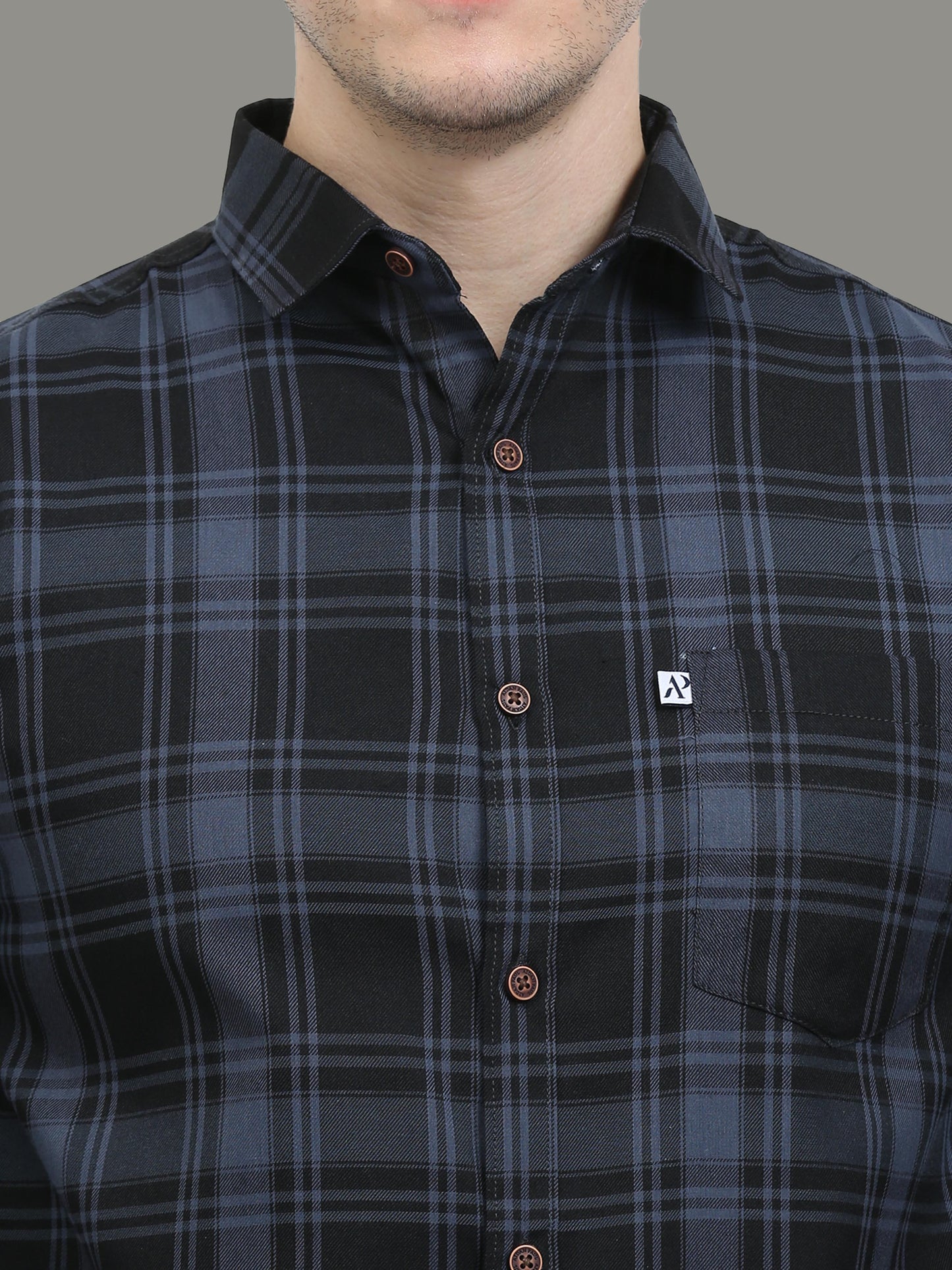 Cotton Blend Tiger Grey Plaid Shirt For Men
