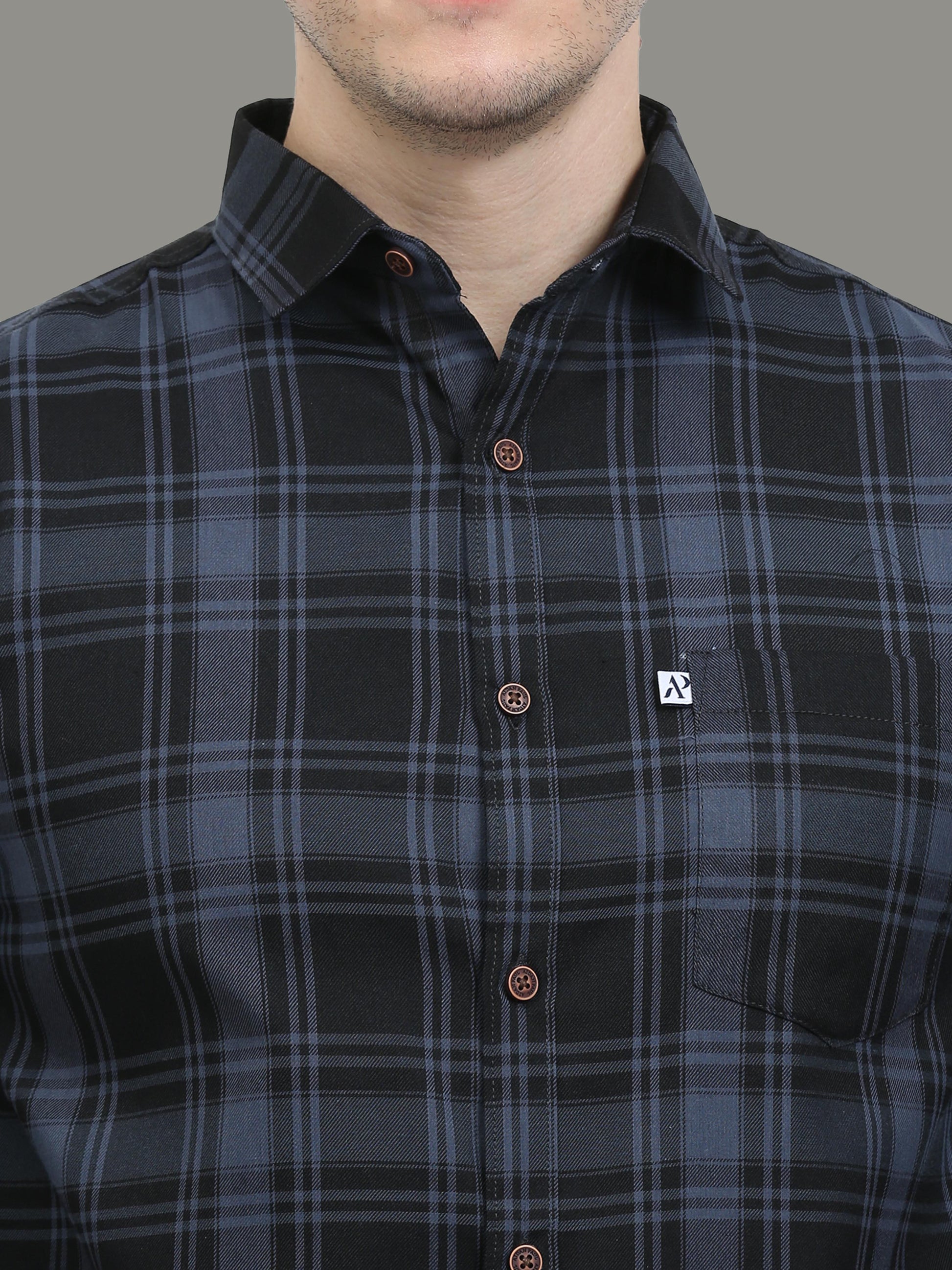 Cotton Blend Tiger Grey Plaid Shirt For Men