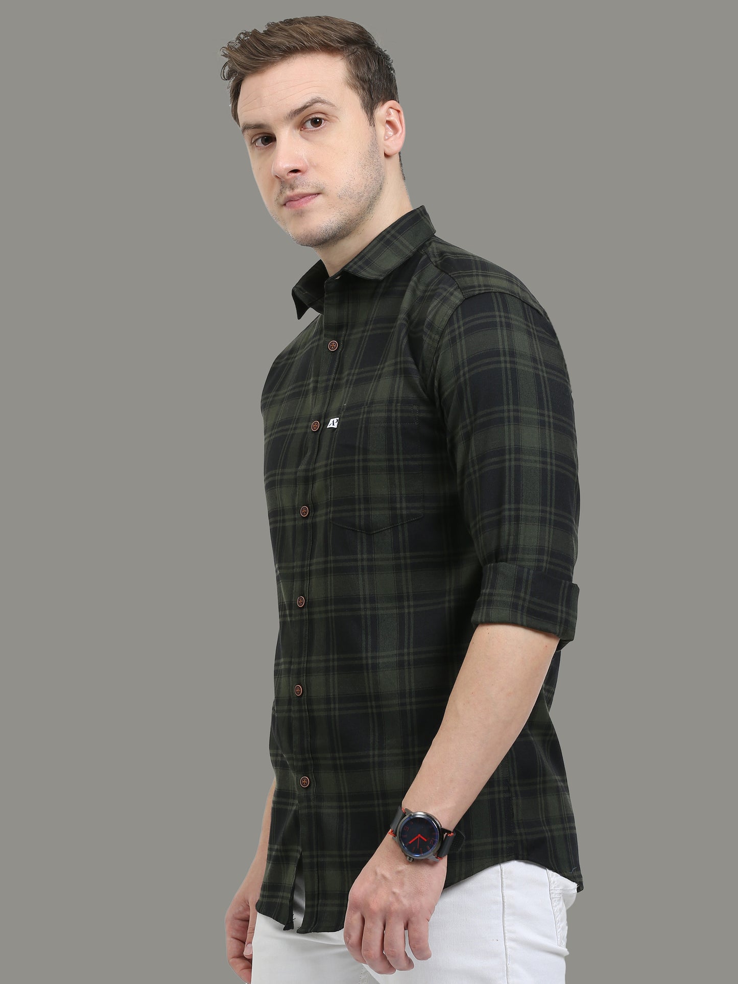 Cotton Blend Tiger Green Check Shirt Mens