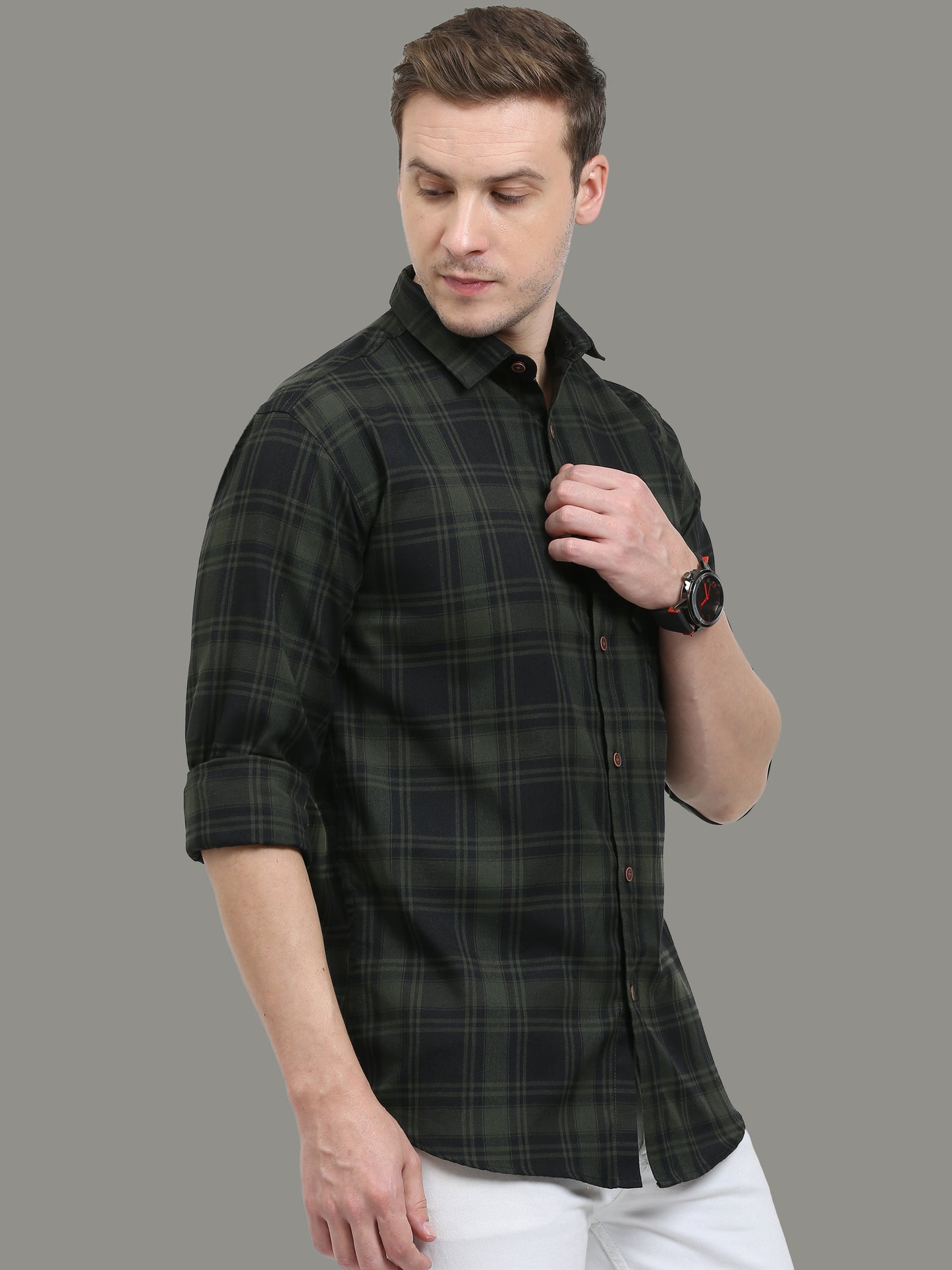 Cotton Blend Tiger Green Check Shirt Mens