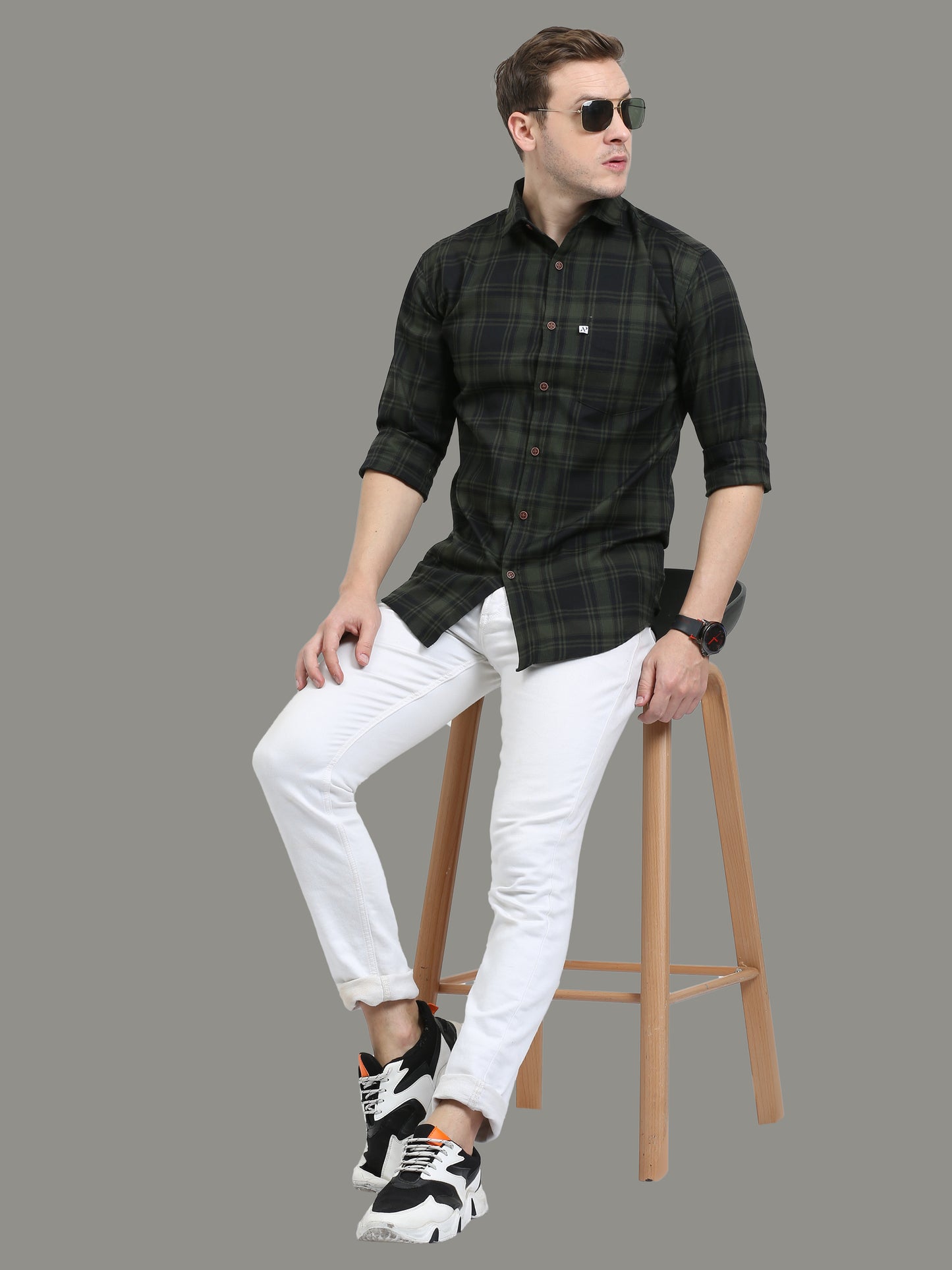 Cotton Blend Tiger Green Check Shirt Mens