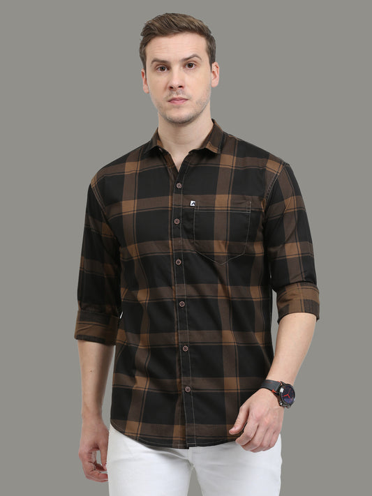 Regular Fit Plaid Brown Check Shirt for Men