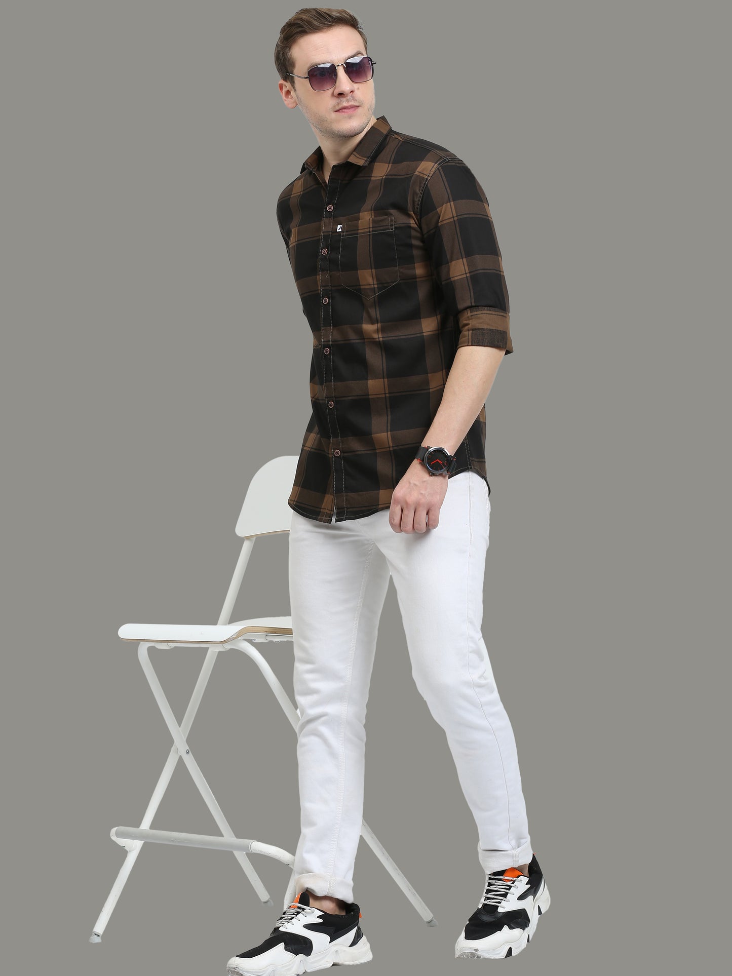 Regular Fit Plaid Brown Check Shirt for Men