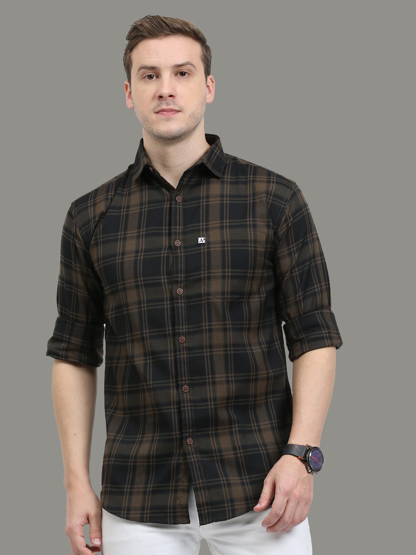 Cotton Blend Tiger Brown Casual Plaid Shirts For Men