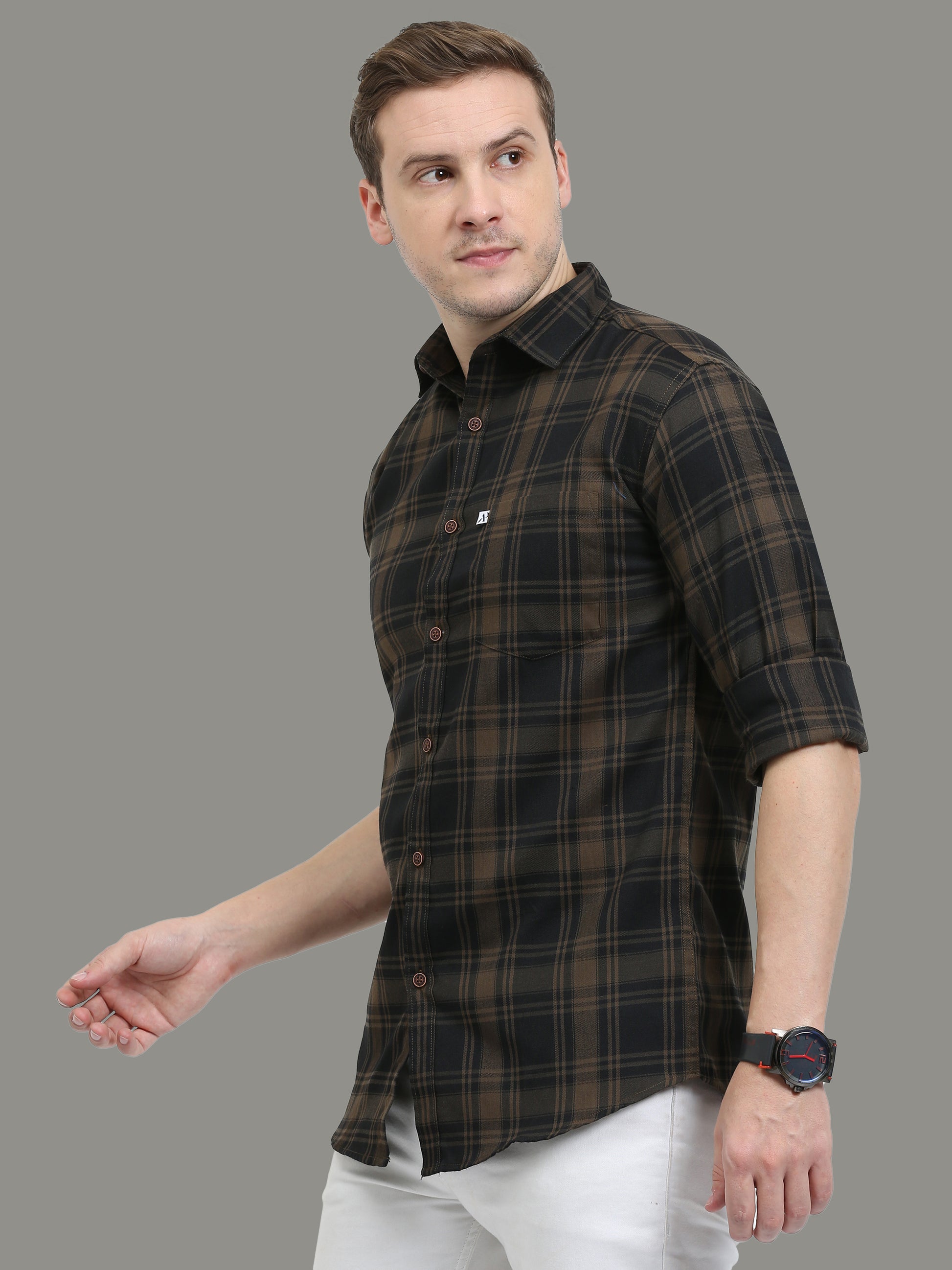 Cotton Blend Tiger Brown Casual Plaid Shirts For Men