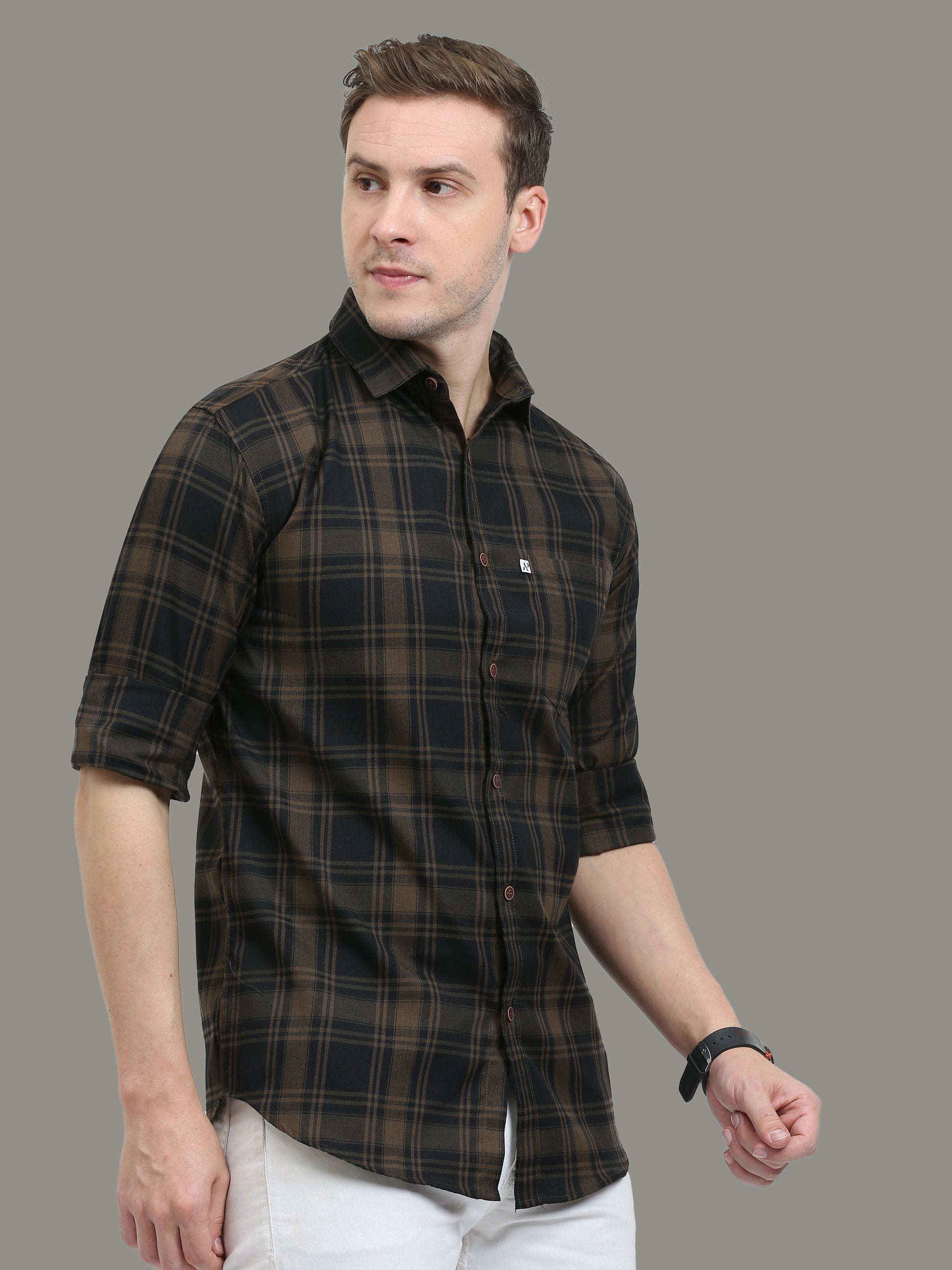 Cotton Blend Tiger Brown Casual Plaid Shirts For Men