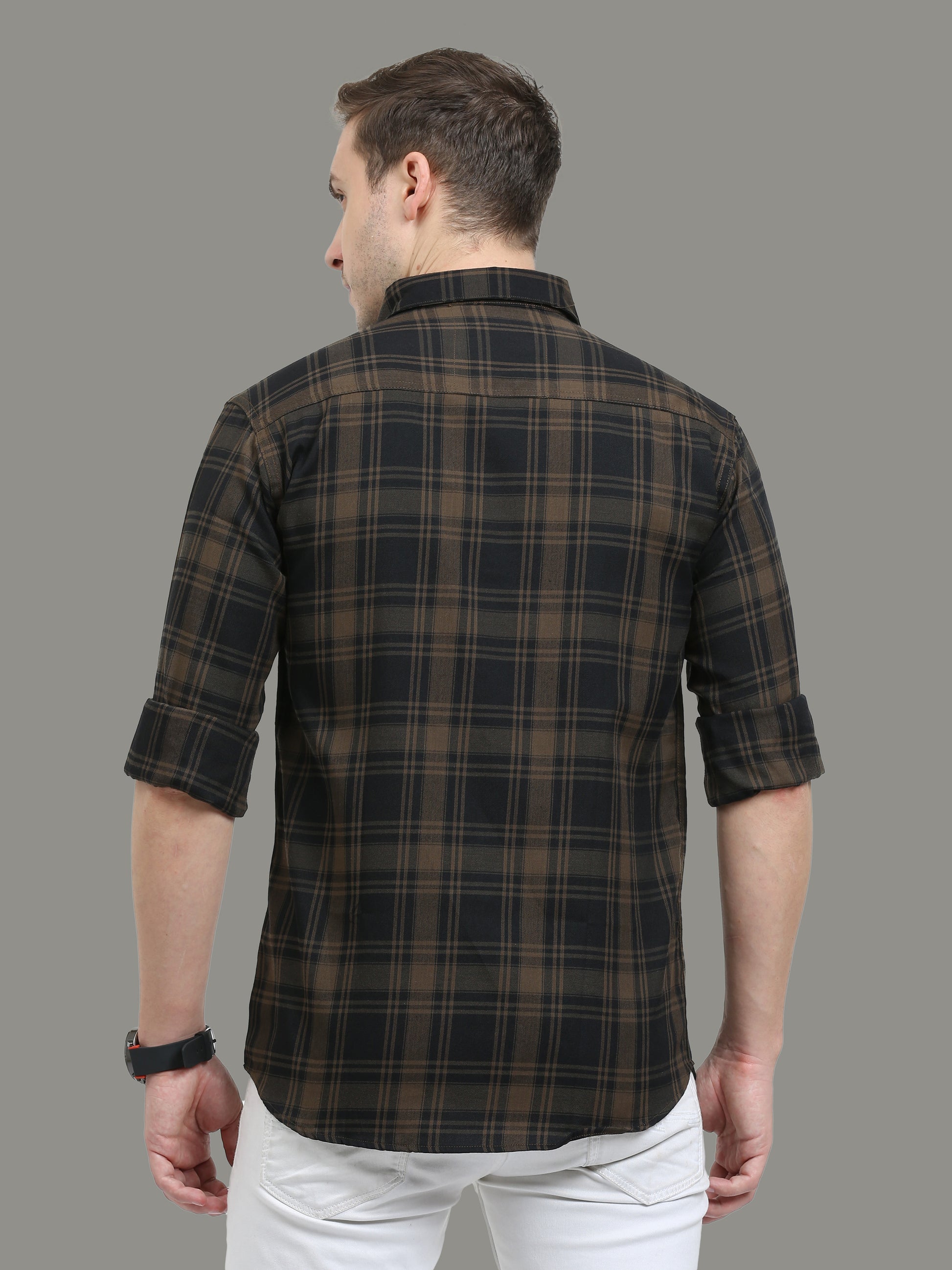 Cotton Blend Tiger Brown Casual Plaid Shirts For Men