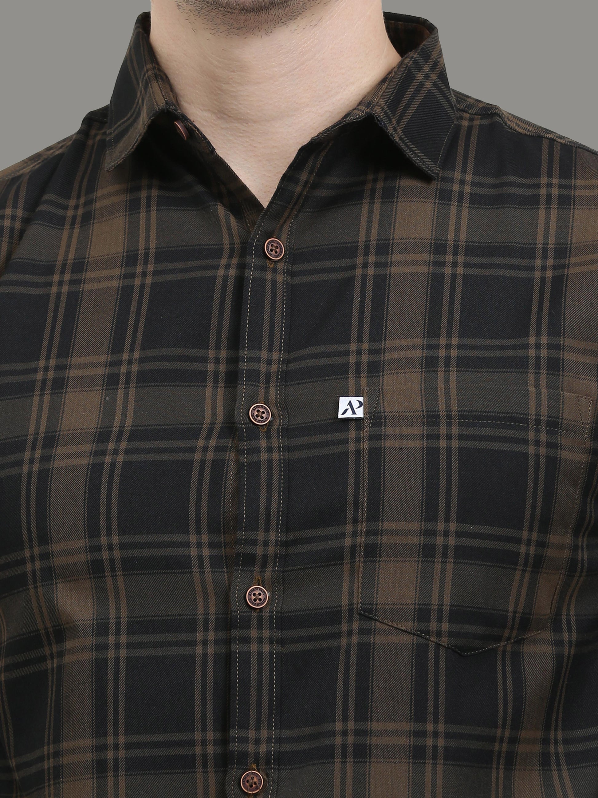 Cotton Blend Tiger Brown Casual Plaid Shirts For Men