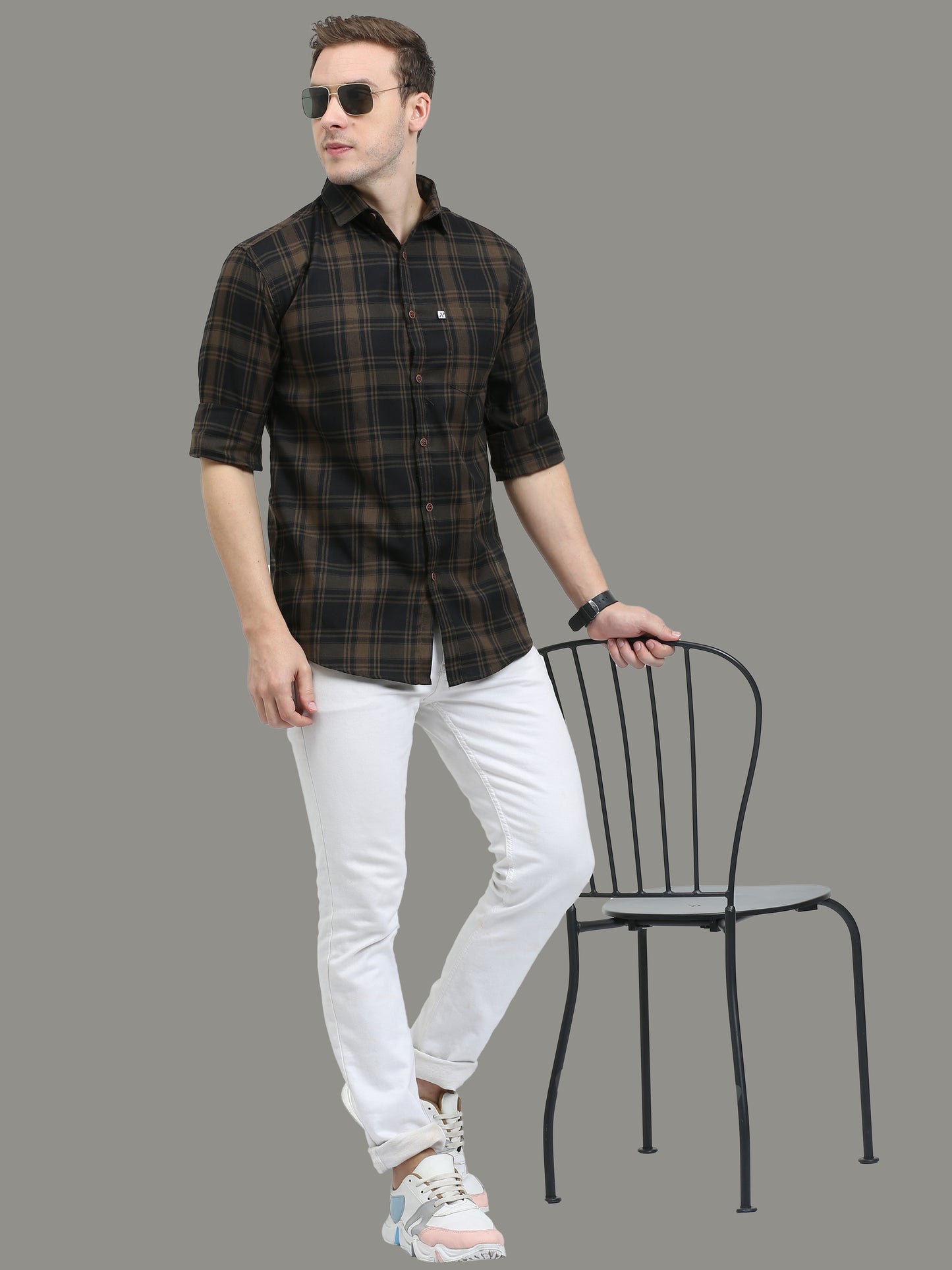 Cotton Blend Tiger Brown Casual Plaid Shirts For Men